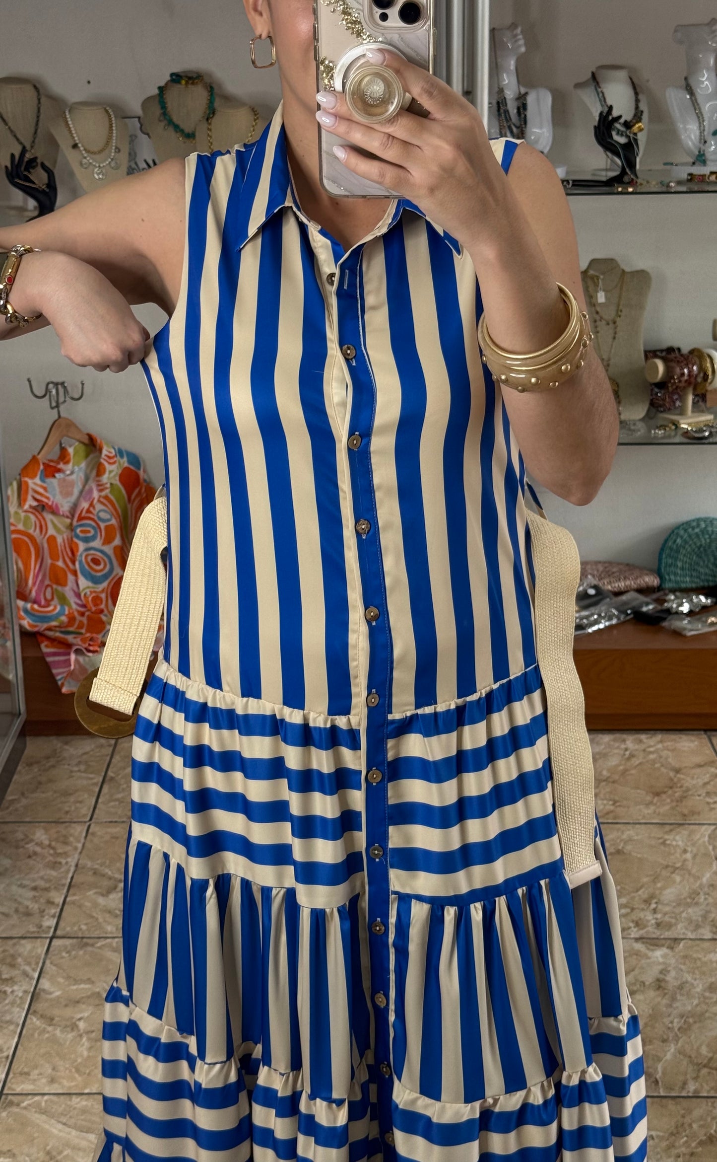 Blue Stripes Belted Maxi Dress