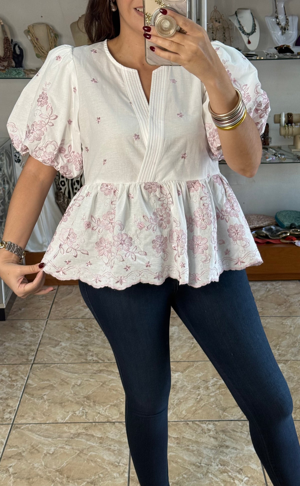 Puff Sleeve Peplum Embroidered Top