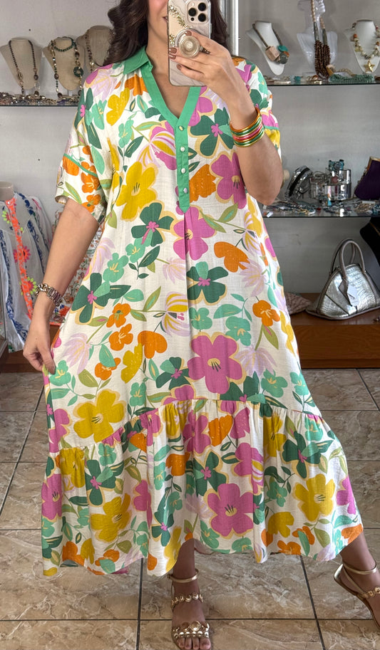 Green Mix Floral Tiered Midi Dress