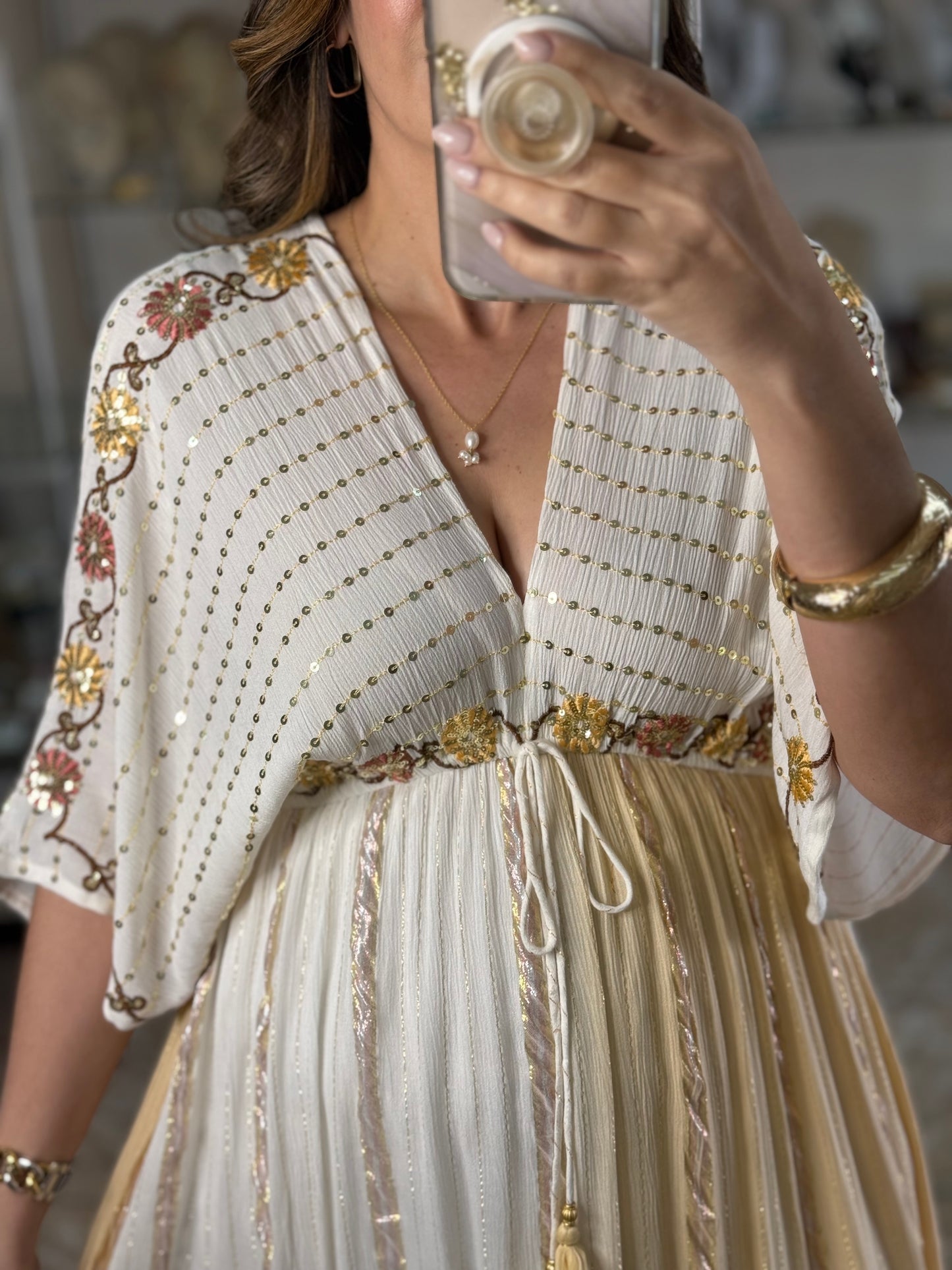 Sequins Floral Embroidered OS Boho Maxi Dress (NO RETURNS OR EXCHANGE)