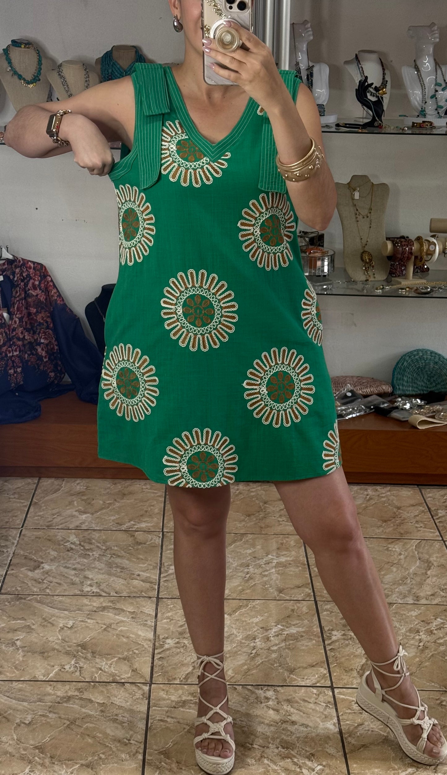 Green Sleeveless V-Neck Mini Dress