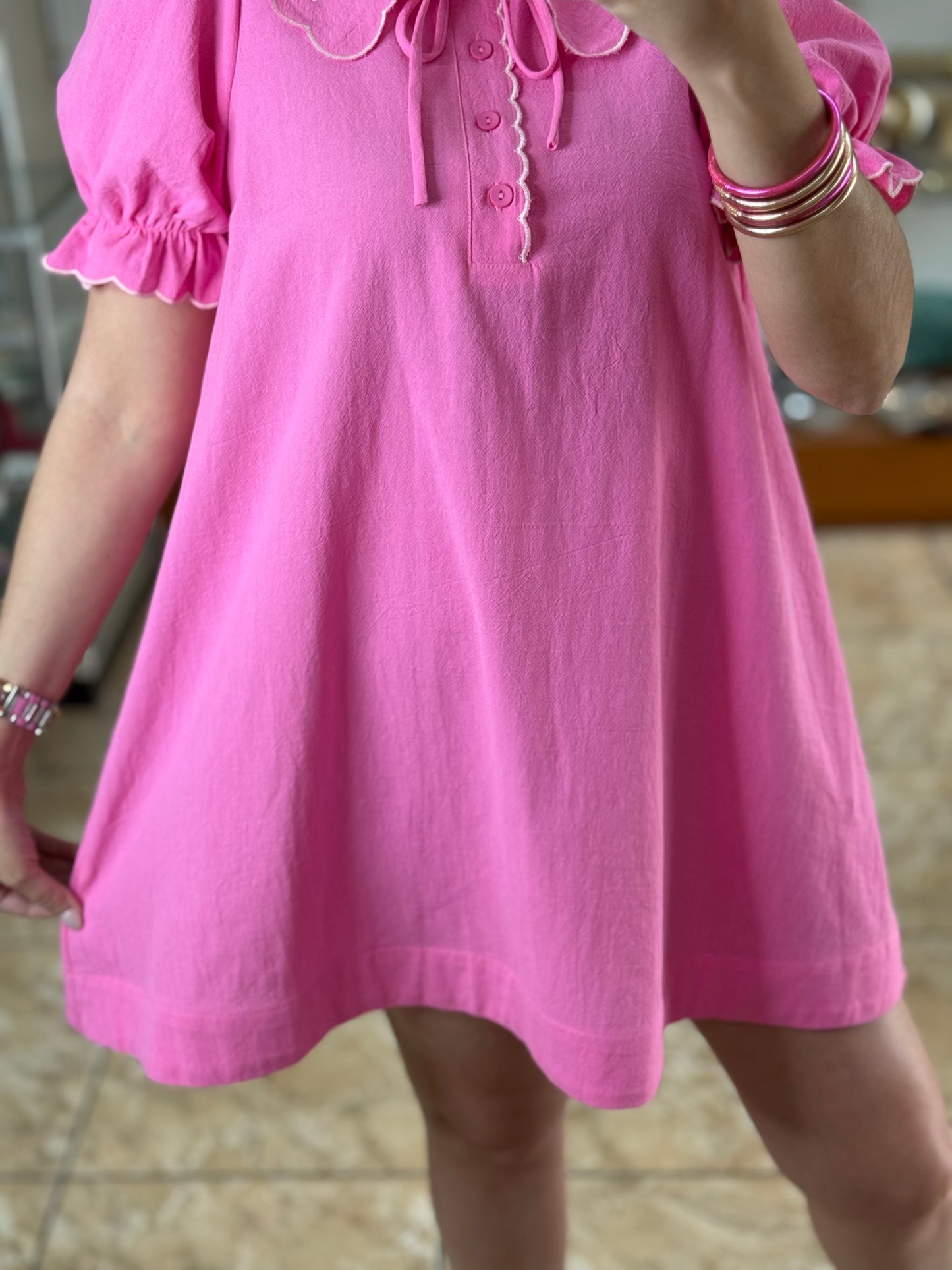 Pink Embroidered Collared Mini Dress