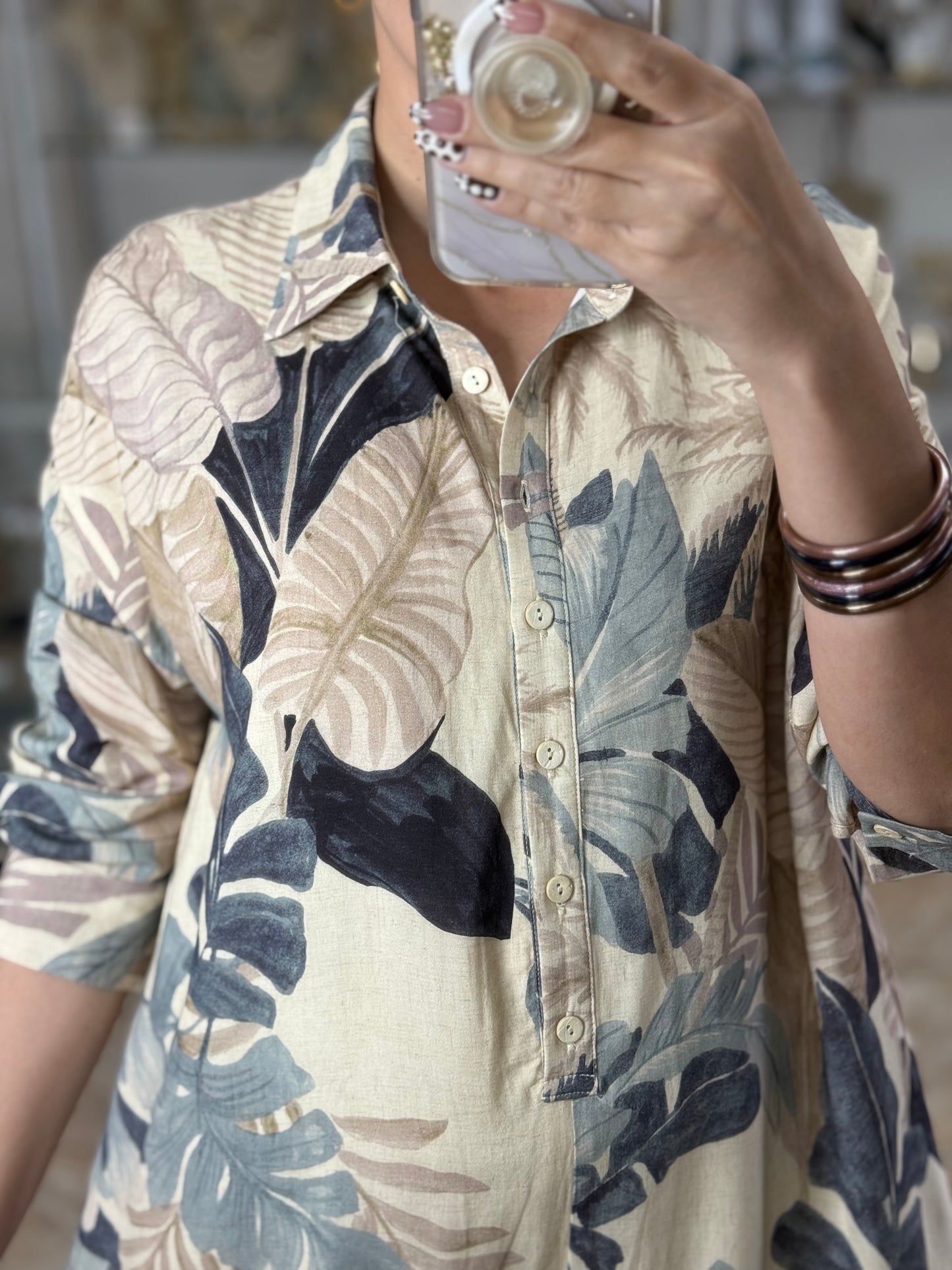 Beige/Blue Leaves Romper