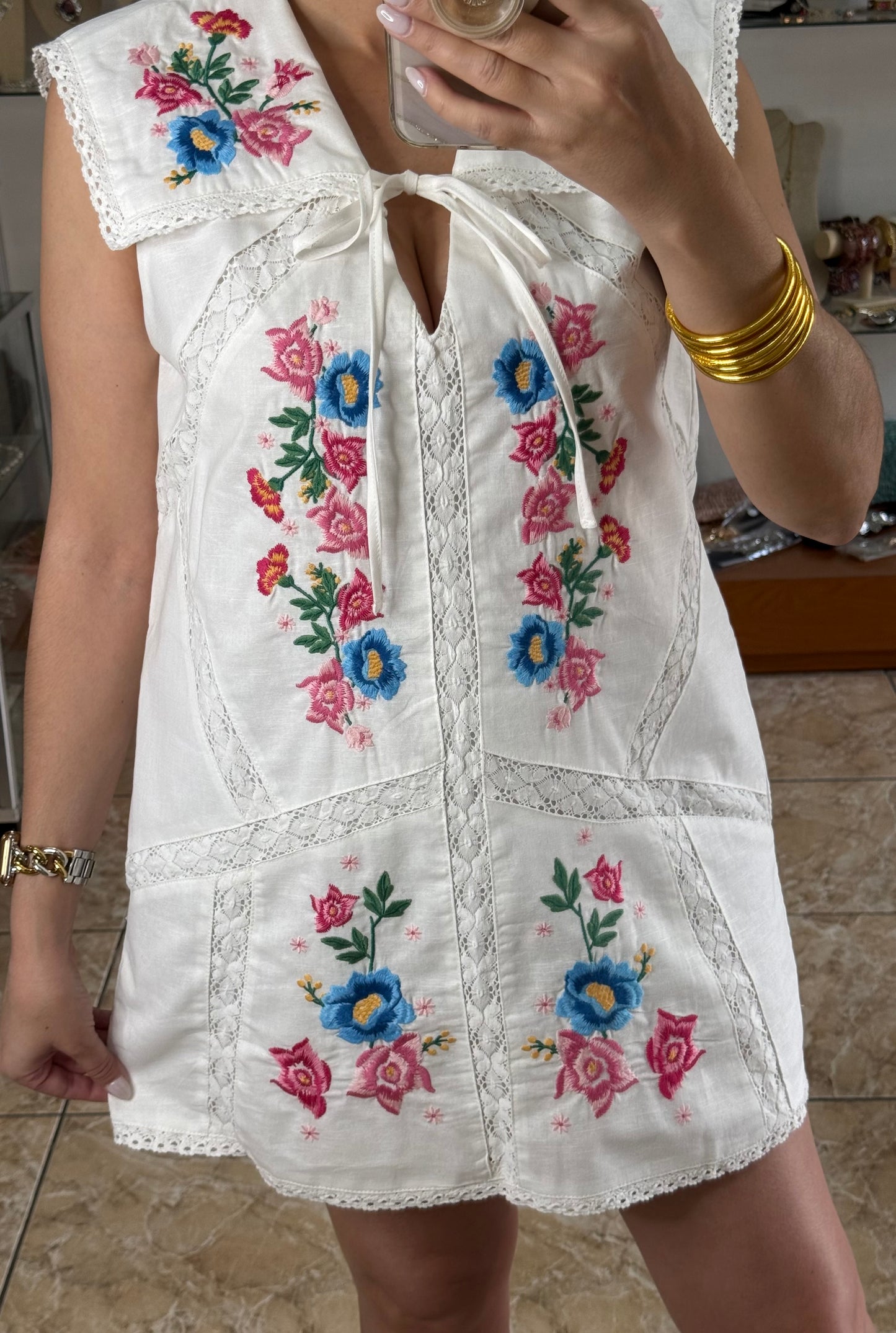 Sailor Collar Floral Embroidered Mini Dress (NO RETURNS OR EXCHANGE)