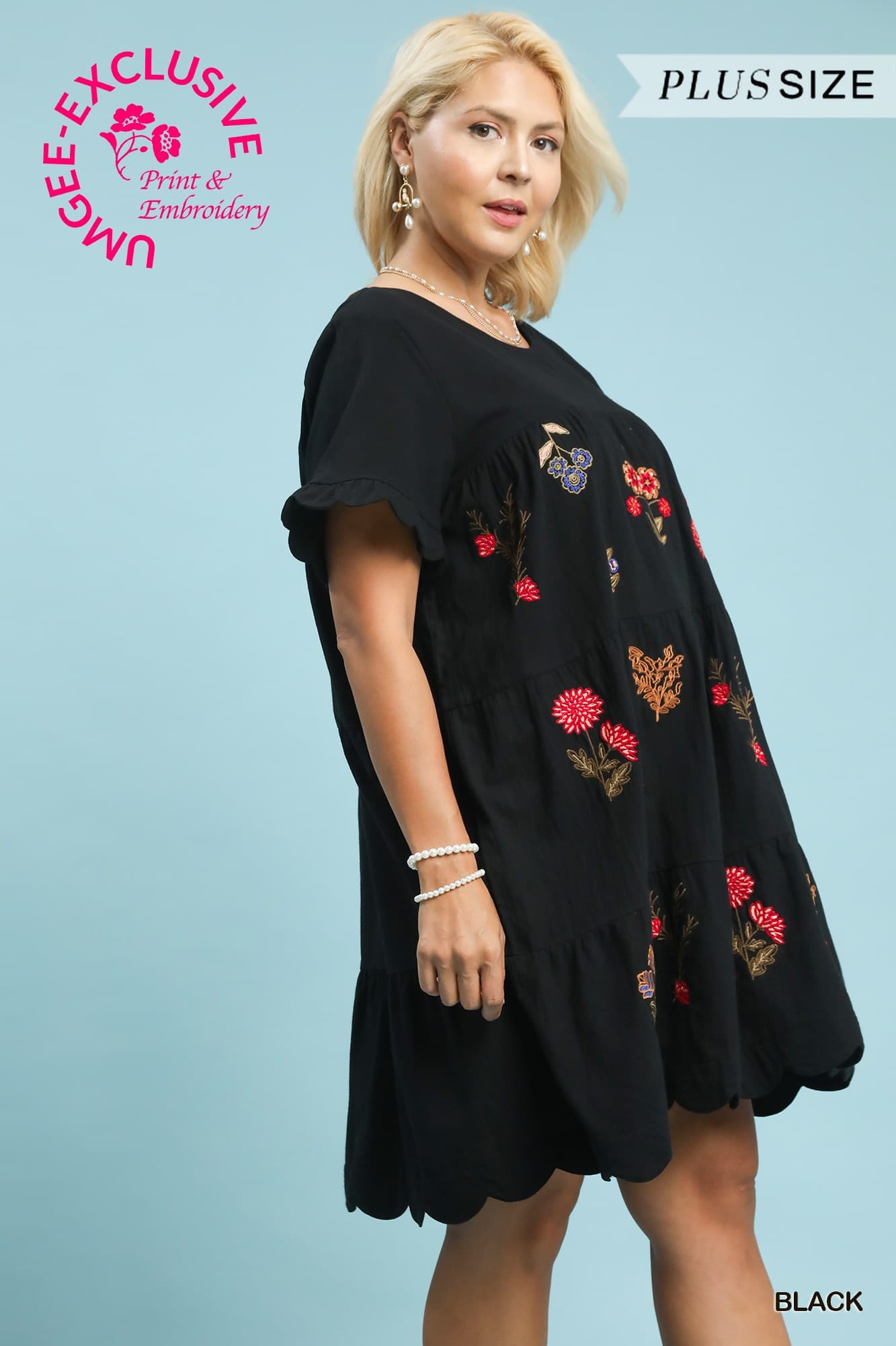 Black Floral Embroidered Tiered Babydoll Dress (PLUS)