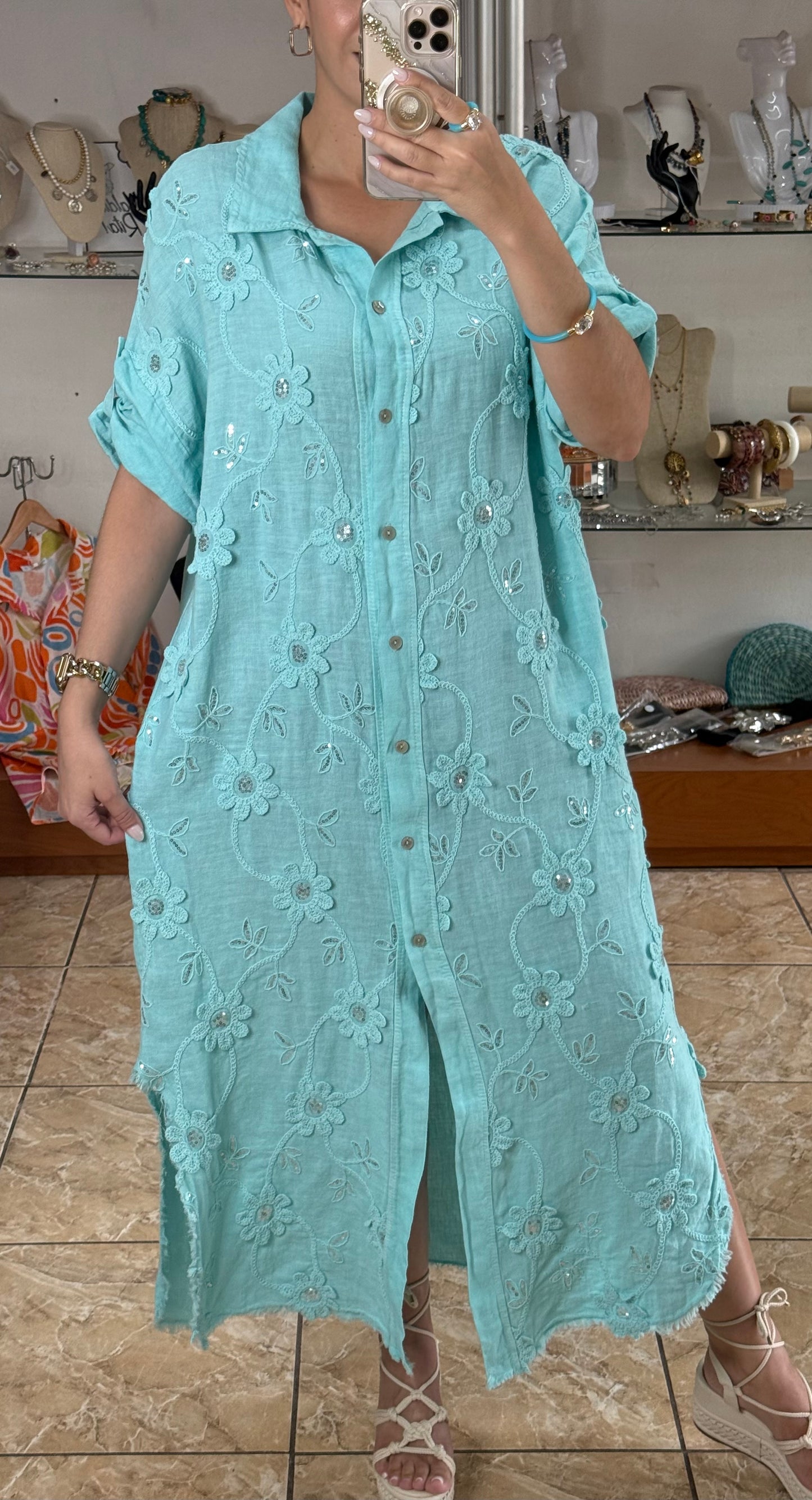 OS Embroidered/Sequins Linen Maxi Dress (NO RETURNS OR EXCHANGE)