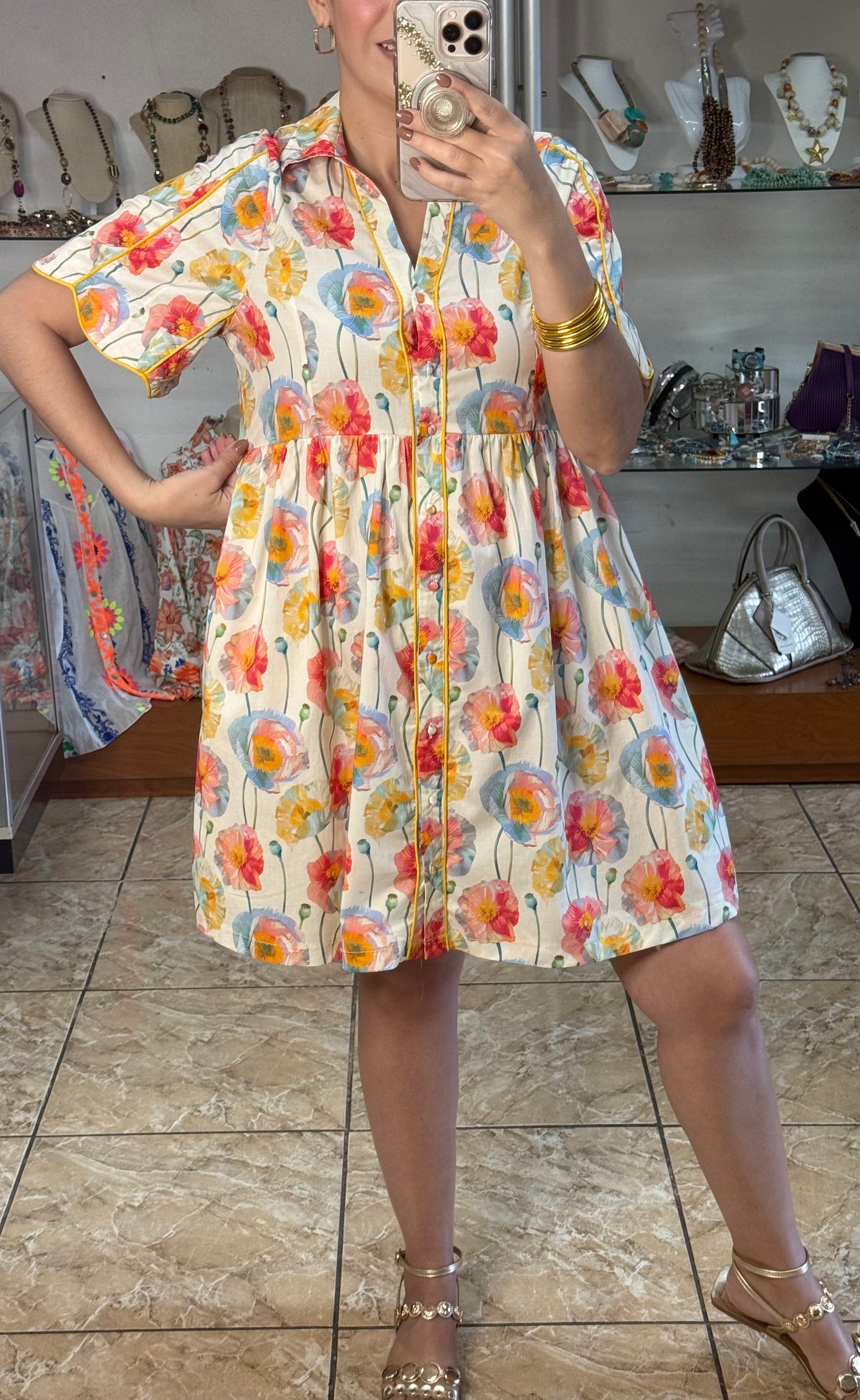 Cream Floral Button Down Babydoll Dress