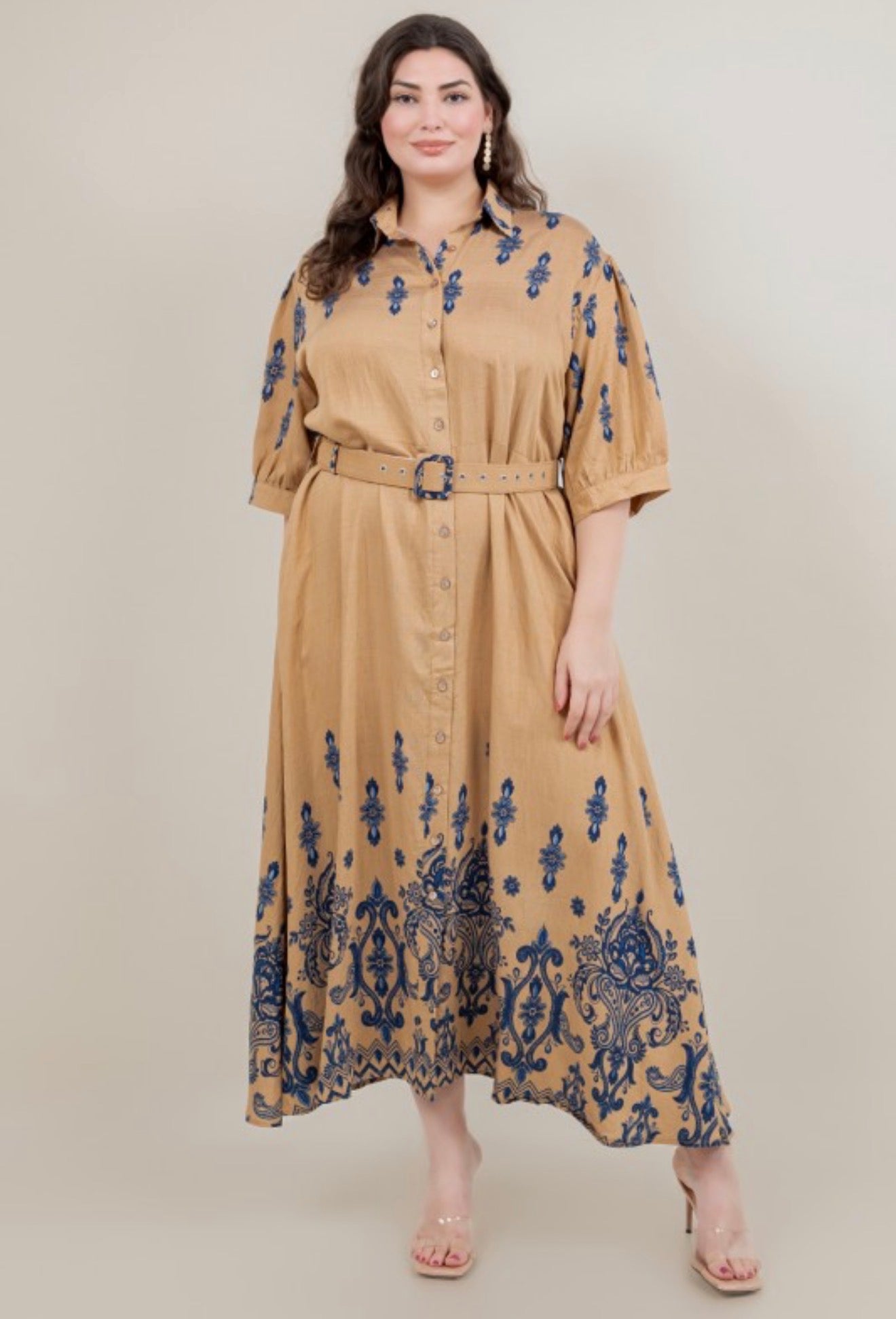 Khaki/Blue Maxi Floral Button Down Dress (Reg and Plus)
