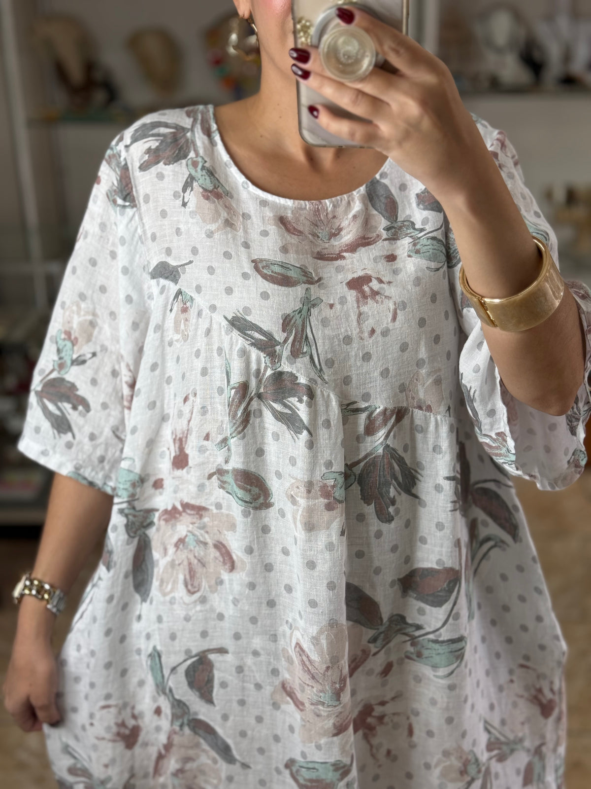 OS Floral/Polkadots Linen Dress (NO RETURNS OR EXCHANGE)