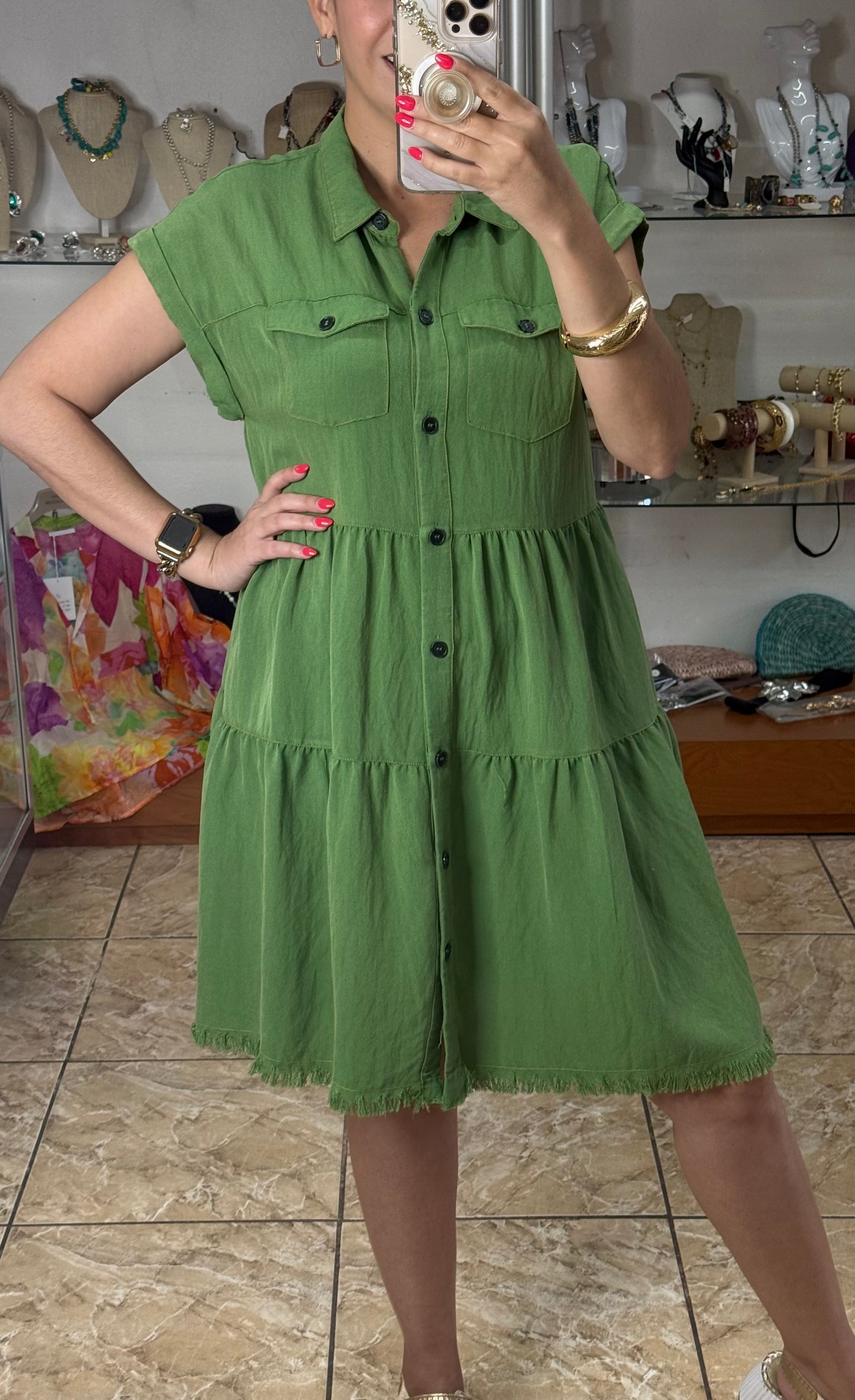 Sage Button Down Short Dress