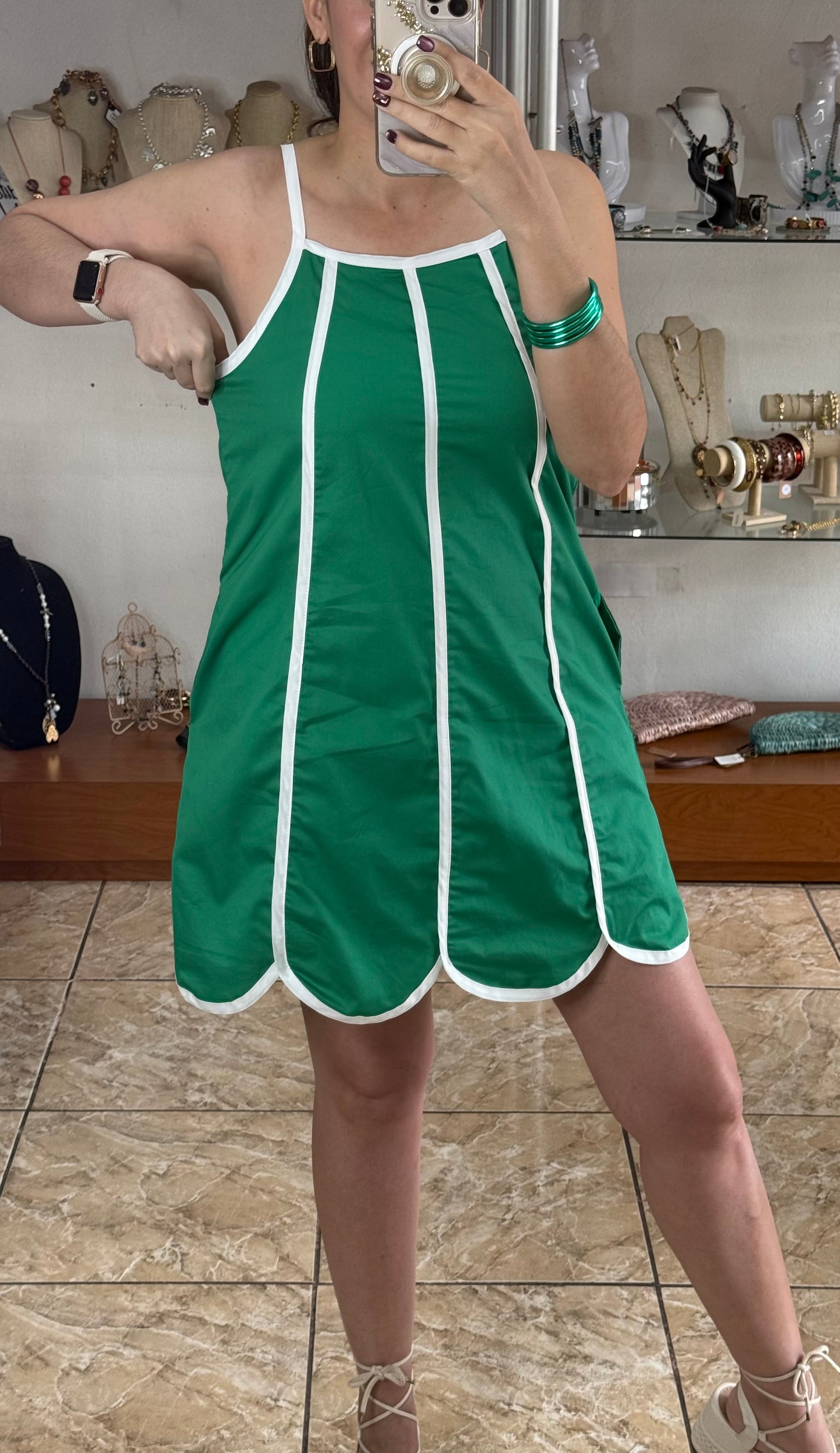 Green Scalloped Hem Mini Dress