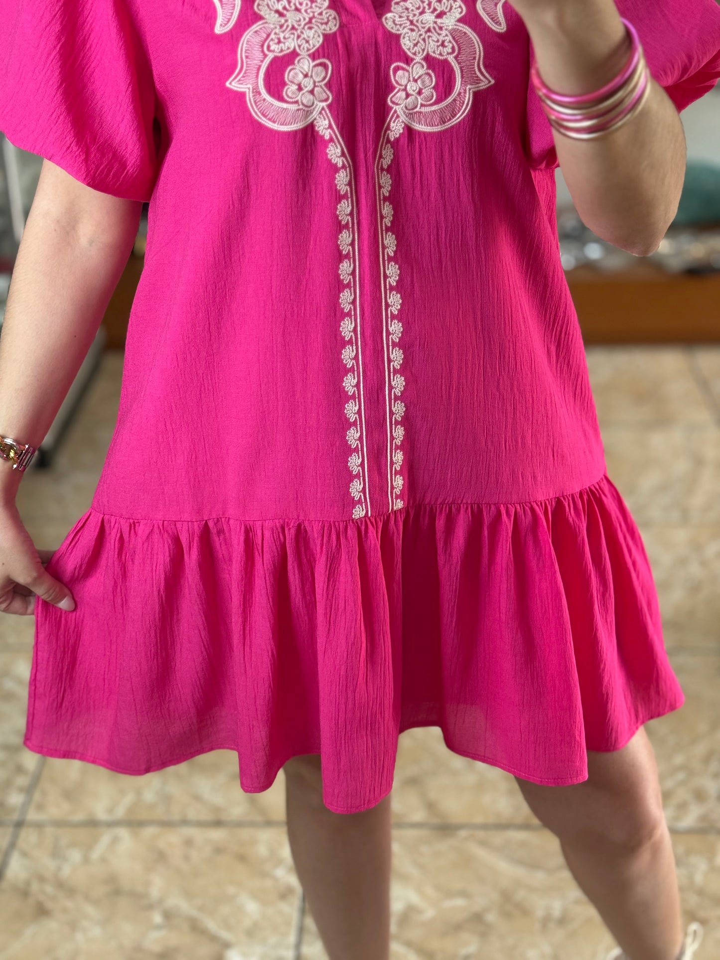 Fuchsia Embroidered Babydoll Dress
