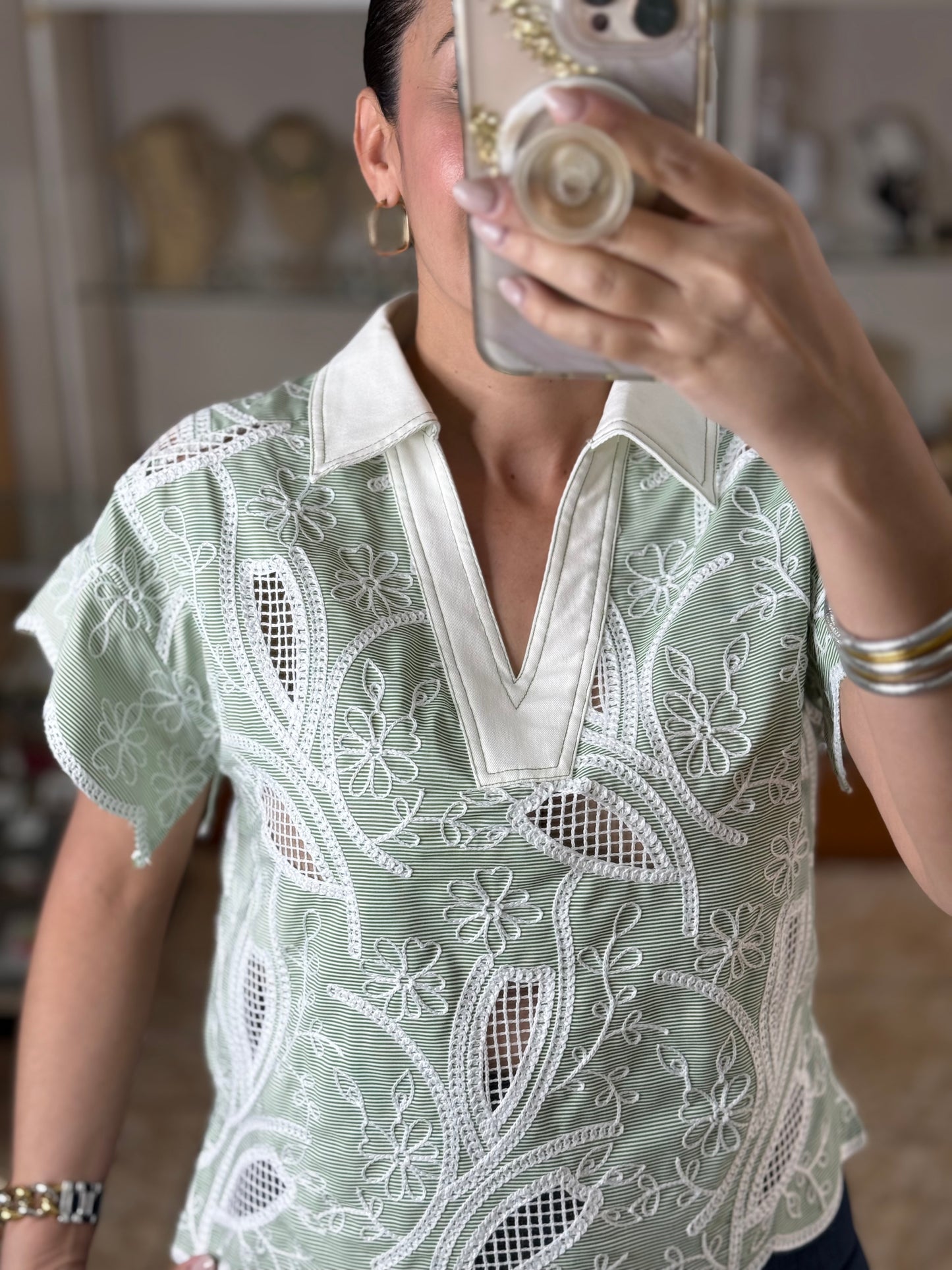 Green Stripes Floral Embroidered Top