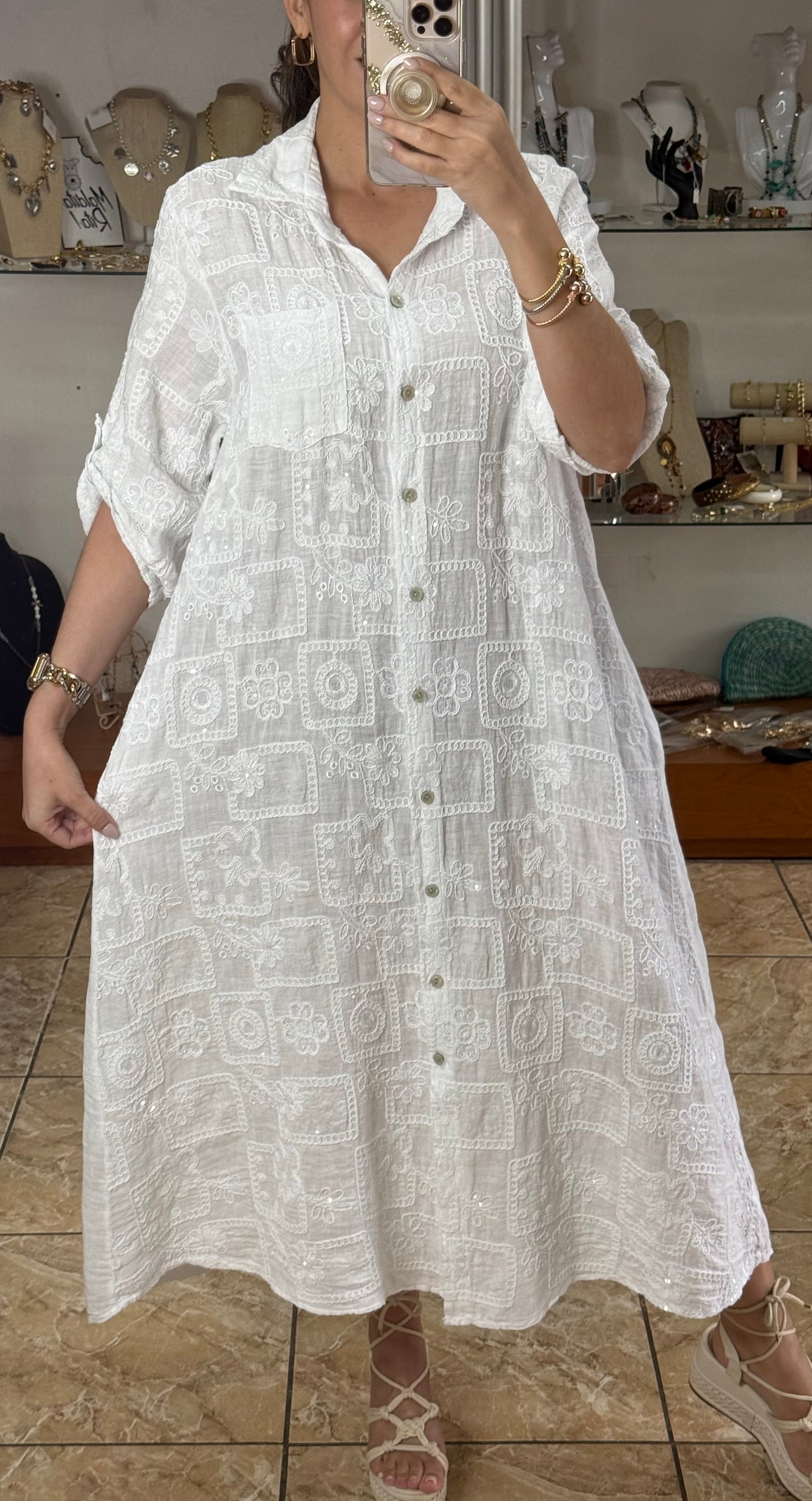 OS Sequins Embroidered Linen Maxi Dress (NO RETURNS OR EXCHANGE)