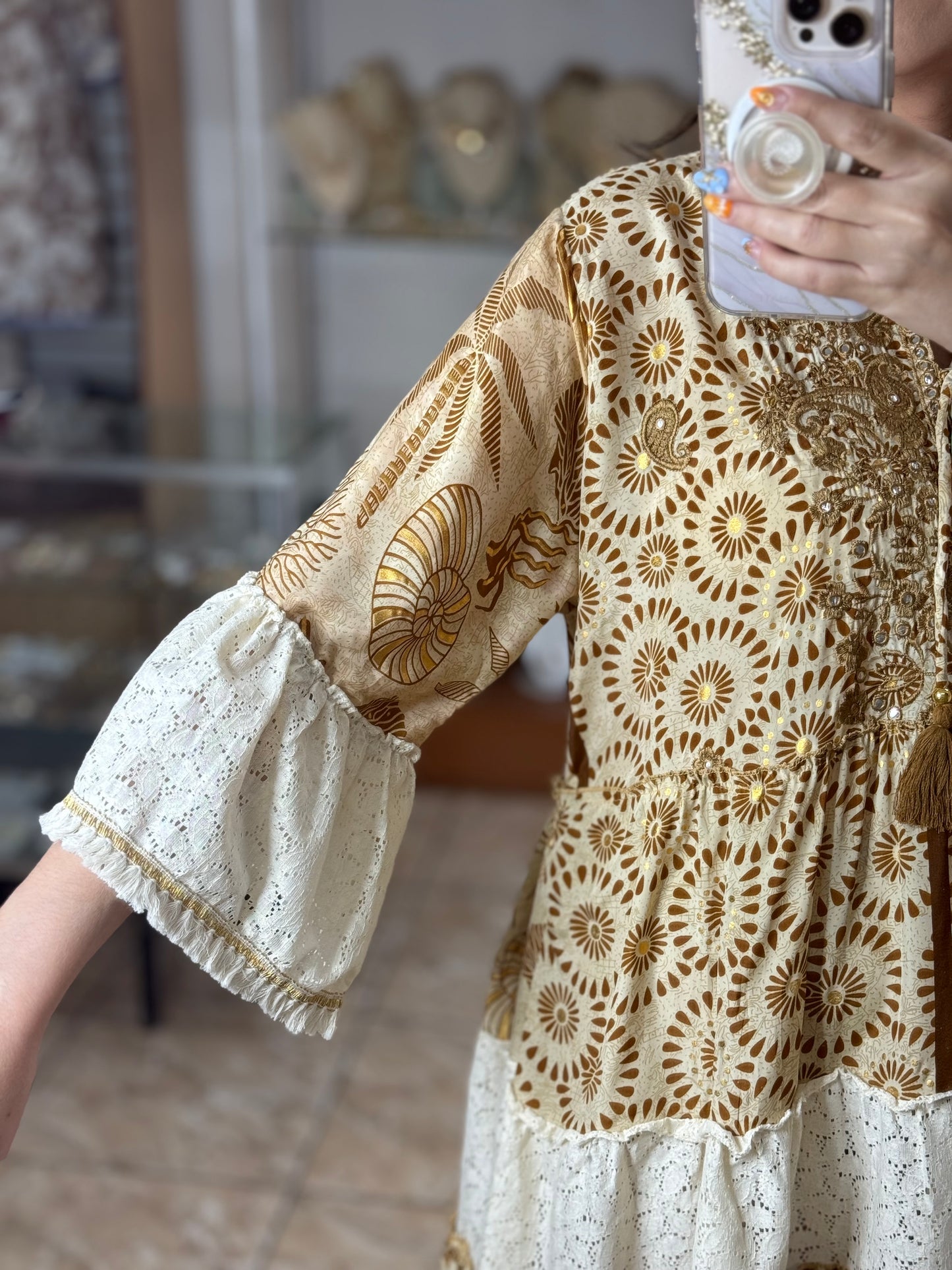 Brown/Cream/Gold OS Boho Dress
