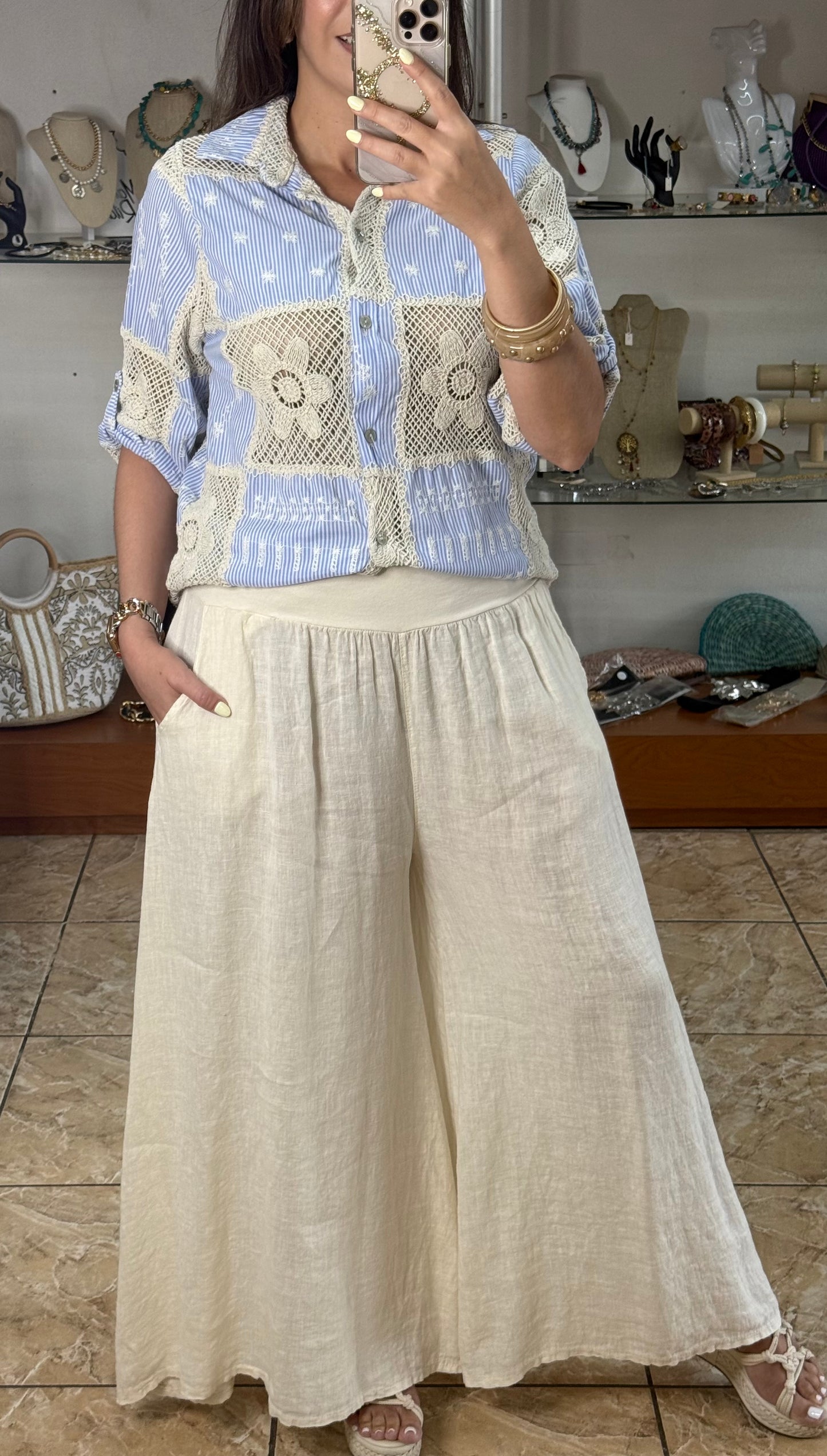 OS Striped Crochet/Embroidered Top (NO RETURNS OR EXCHANGE)