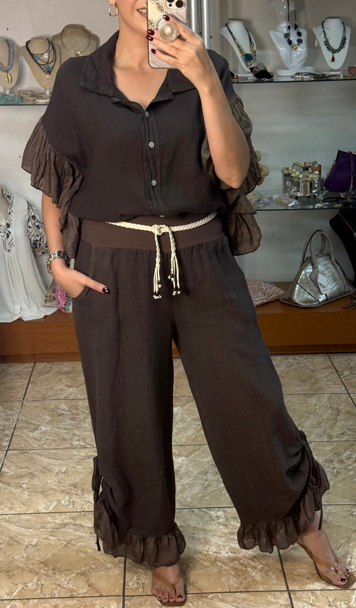OS Linen Ruffle Top & Pant Set (NO RETURNS OR EXCHANGE)