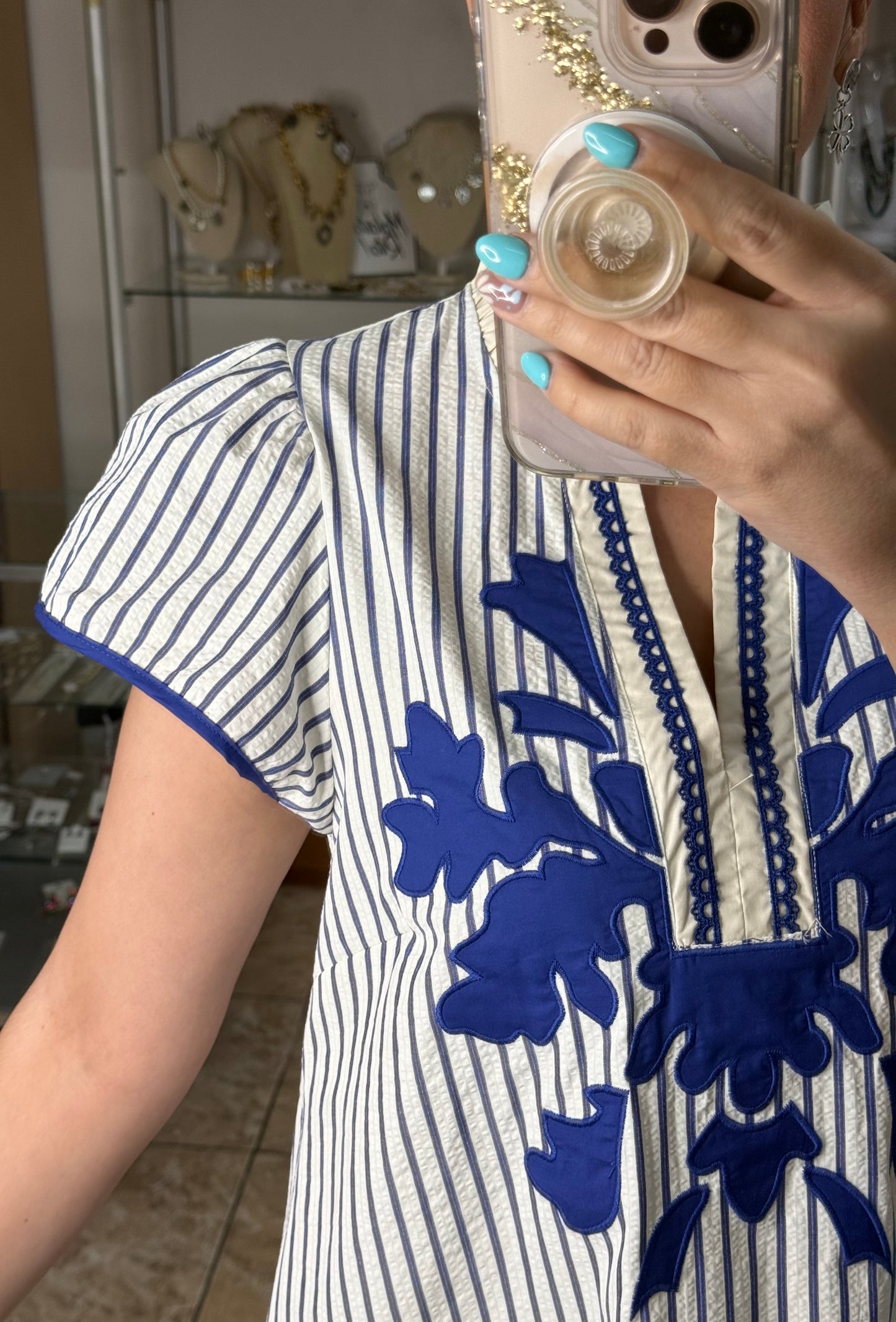 Blue Stripes Embroidered Short Dress