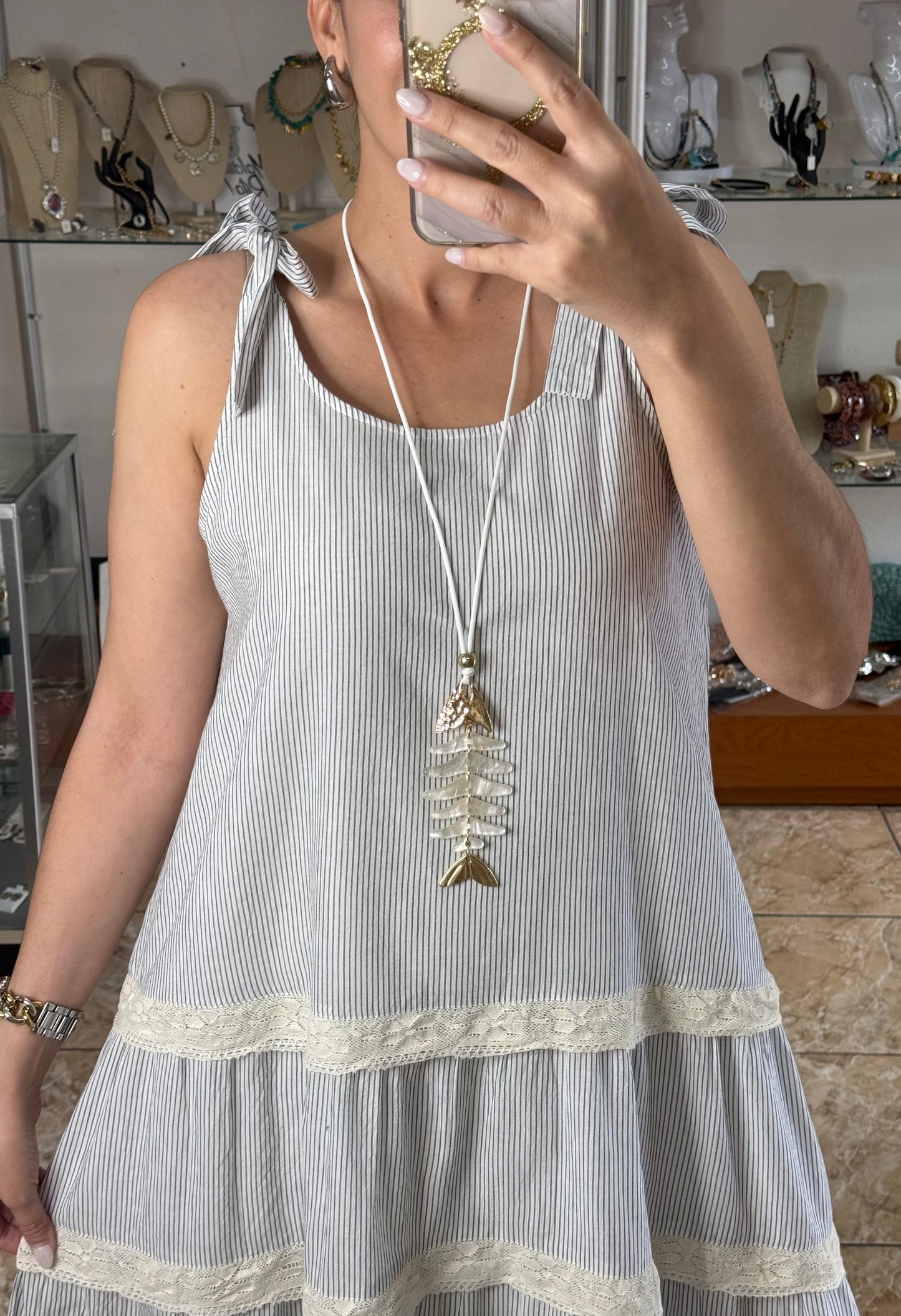 Blue/Cream Stripes with Lace Details Maxi Dress