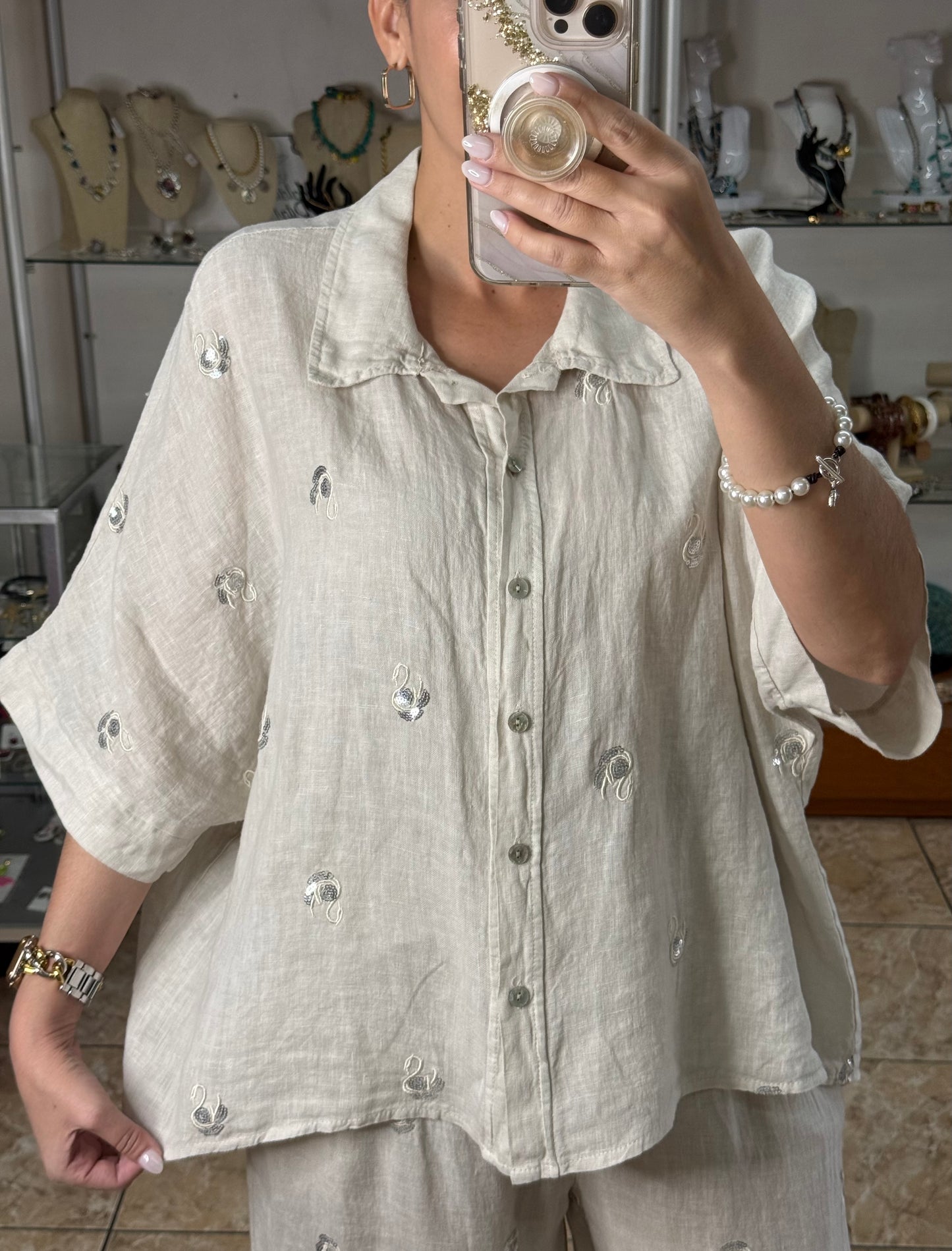 Swans Sequins OS Linen Pant Set (NO RETURNS OR EXCHANGE)