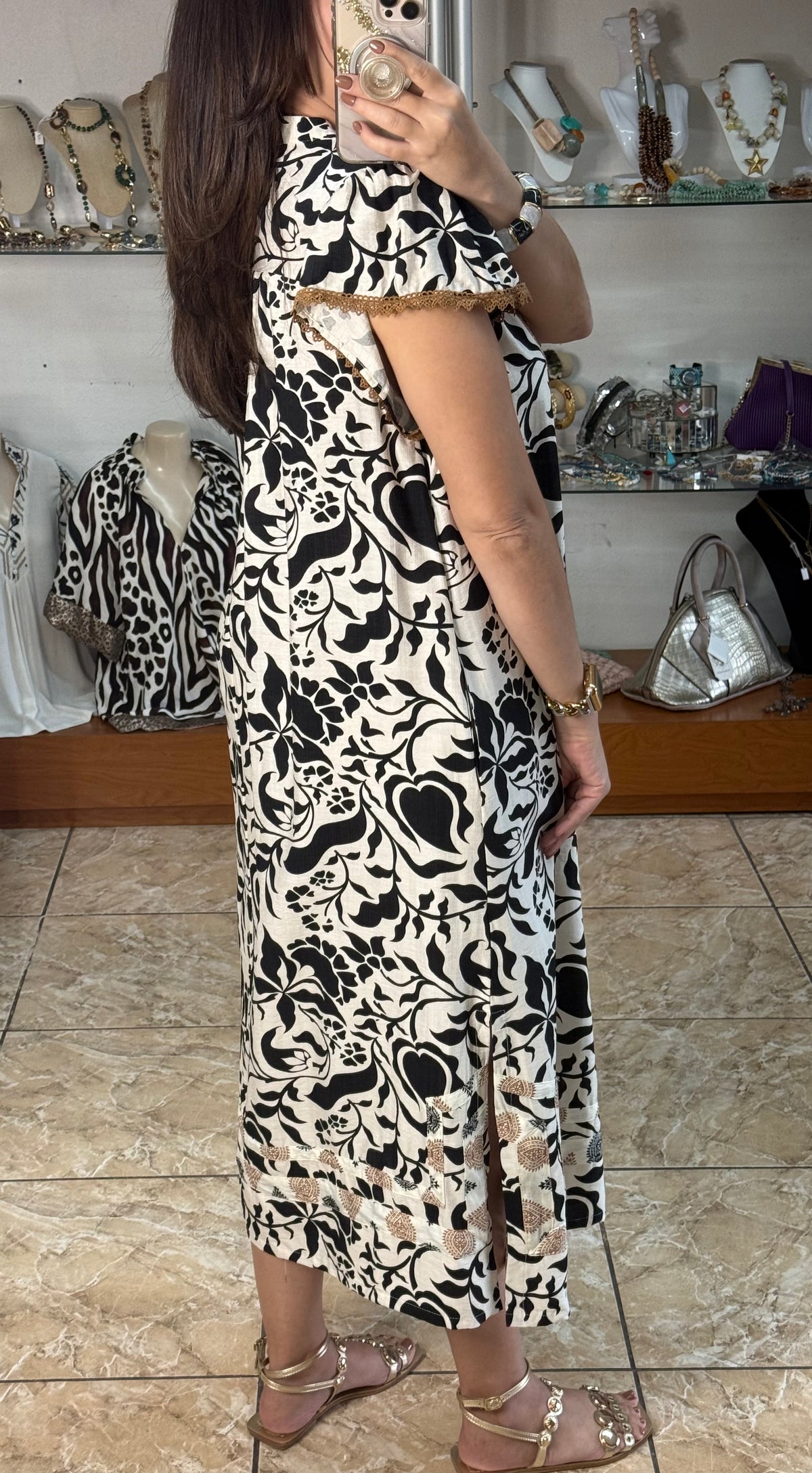 Flutter Sleeve Border Print Midi Dress