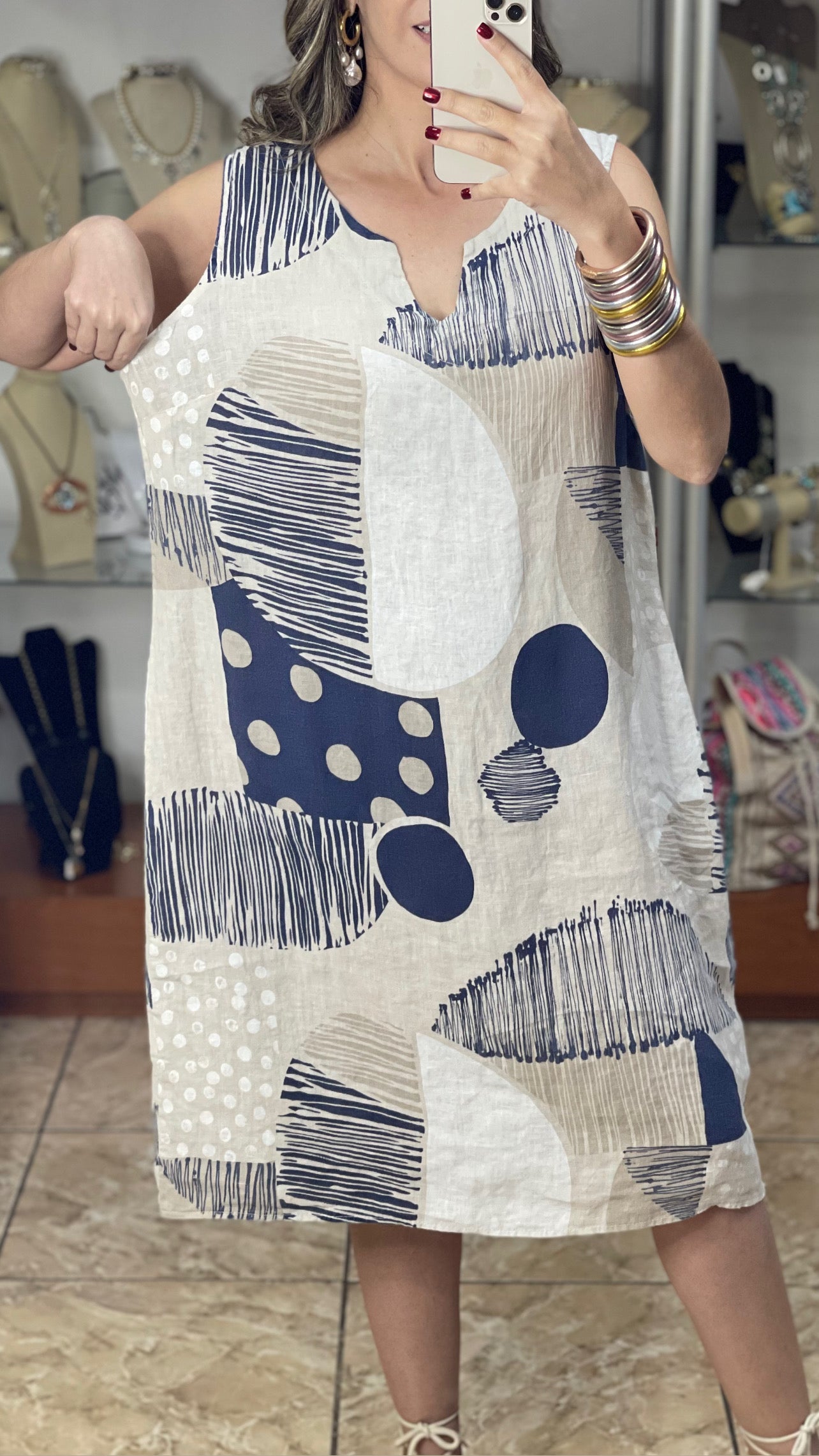 Sleeveless OS Geometric Linen Dress