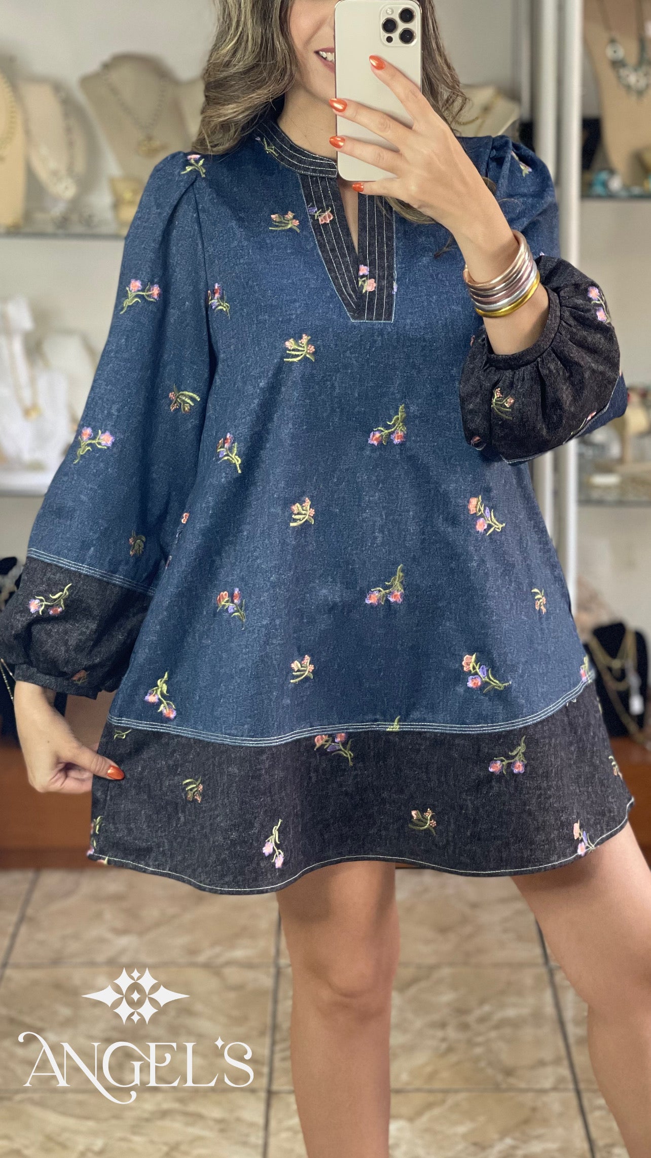 Long Sleeves Floral Embroidered Mini Dress