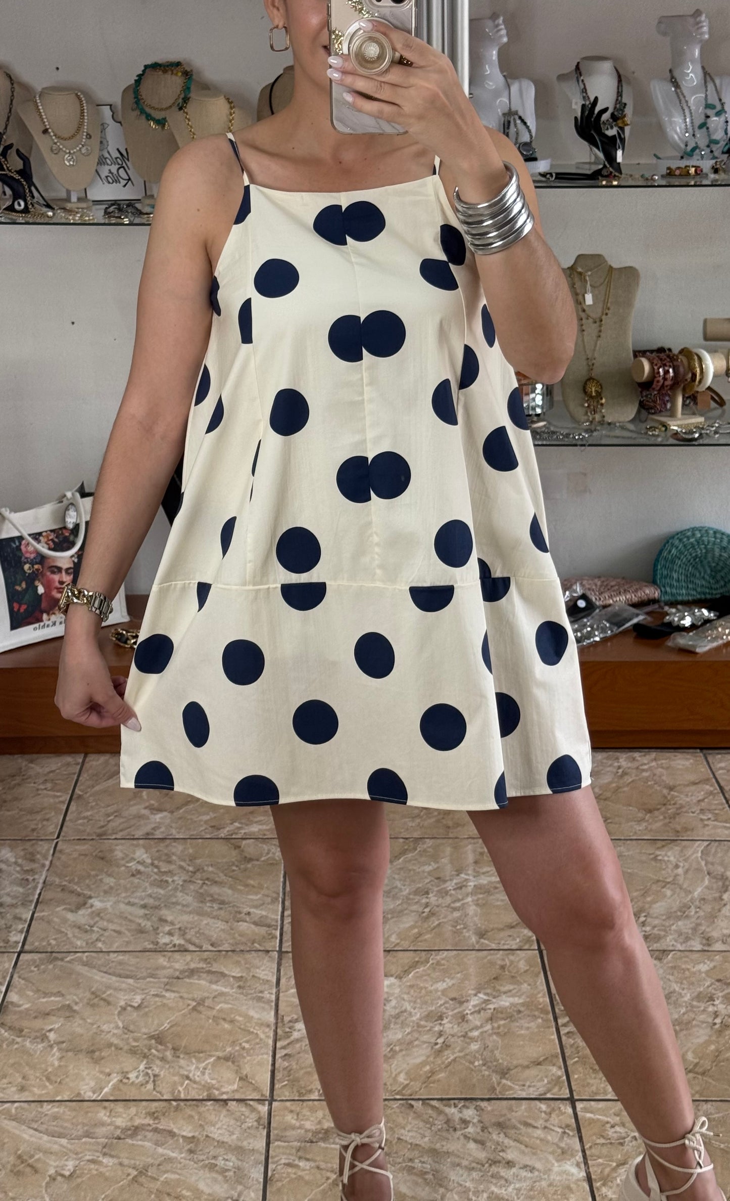 Cream/Navy Big Polkadots Mini Dress