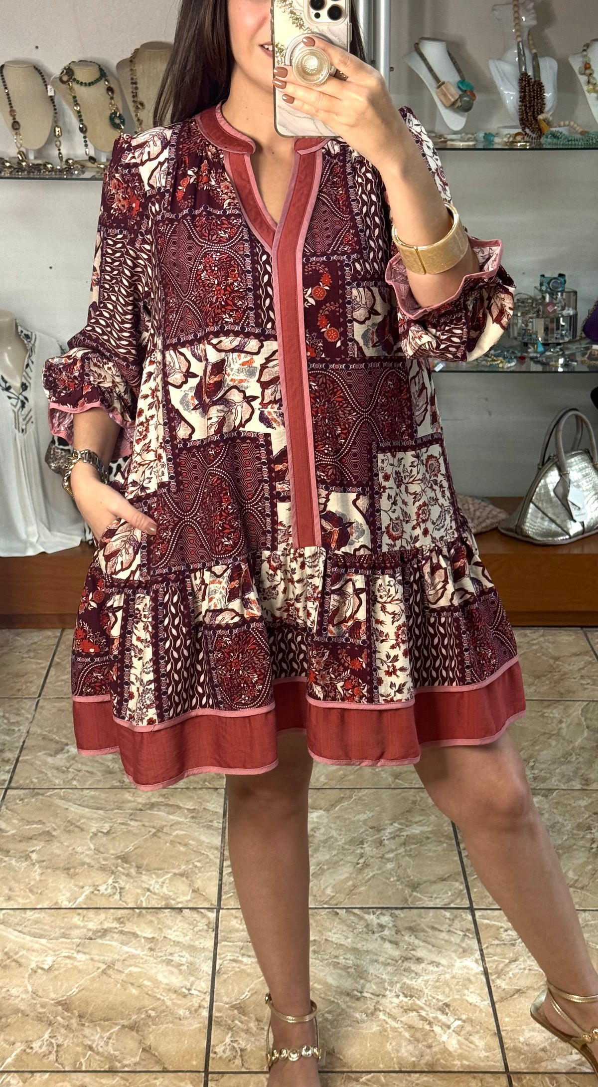 Patchwork Print Tiered Mini Dress