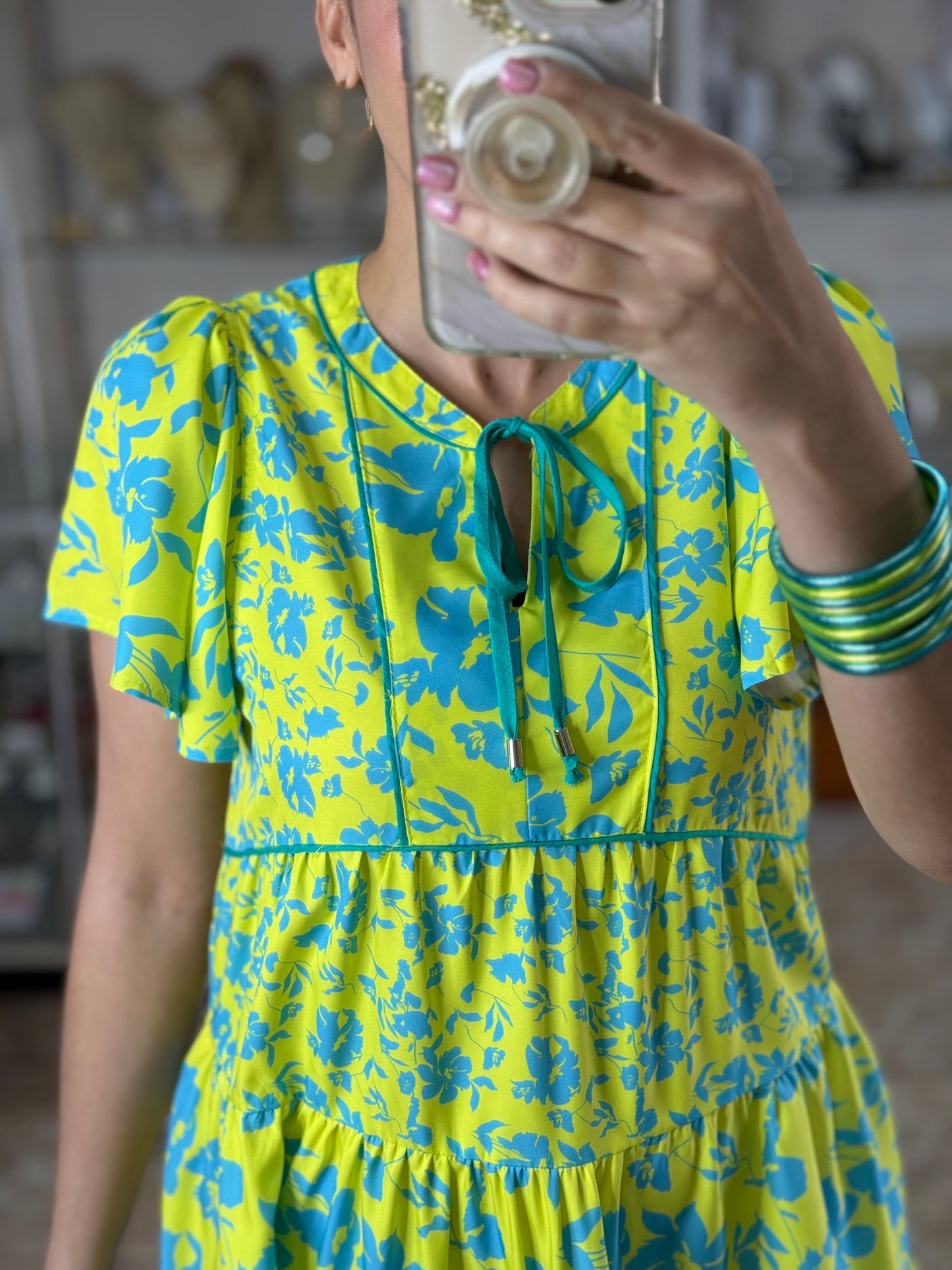Lime Mix Flutter Sleeves Dress