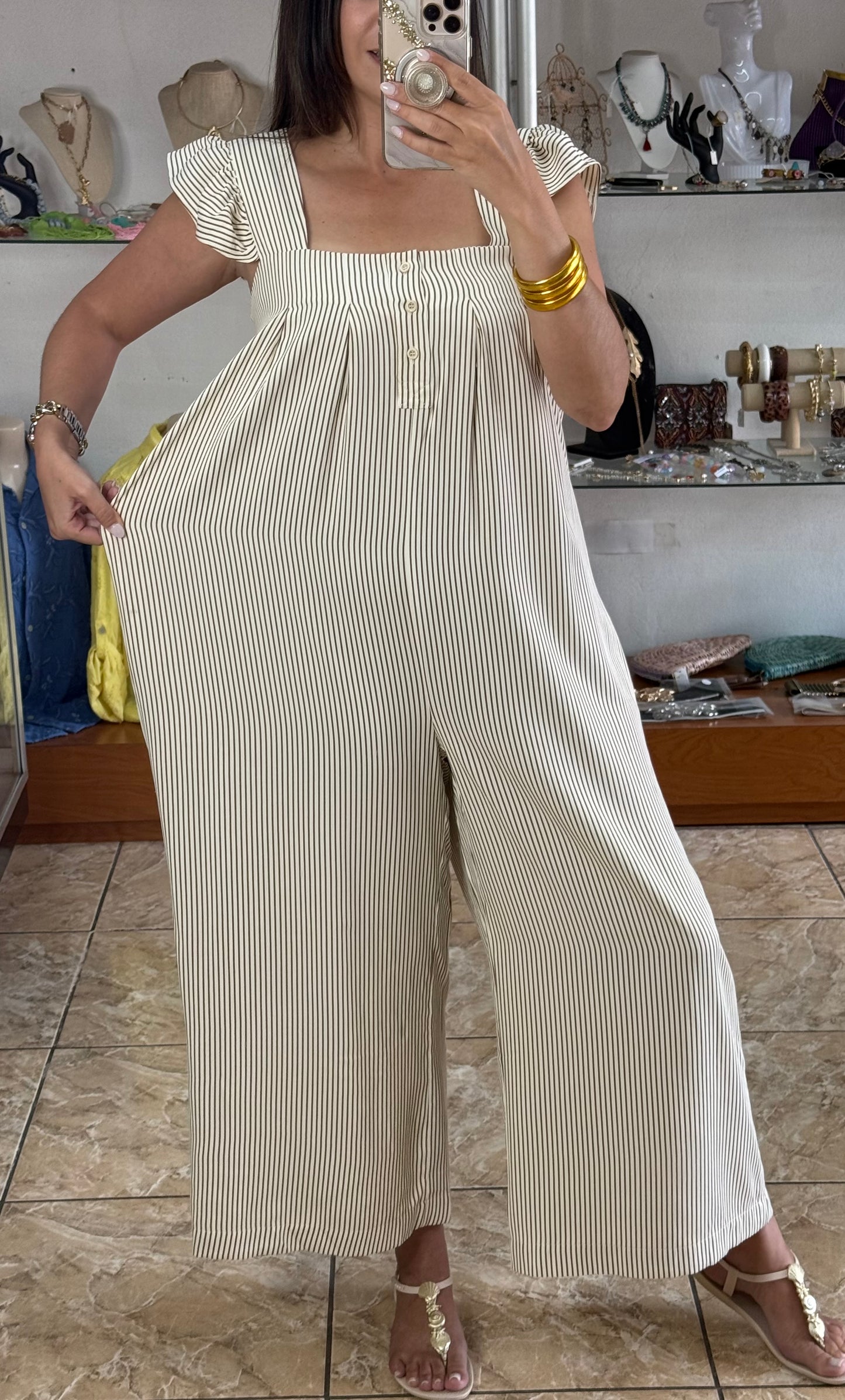 Oatmeal/Brown Stripes Jumpsuit