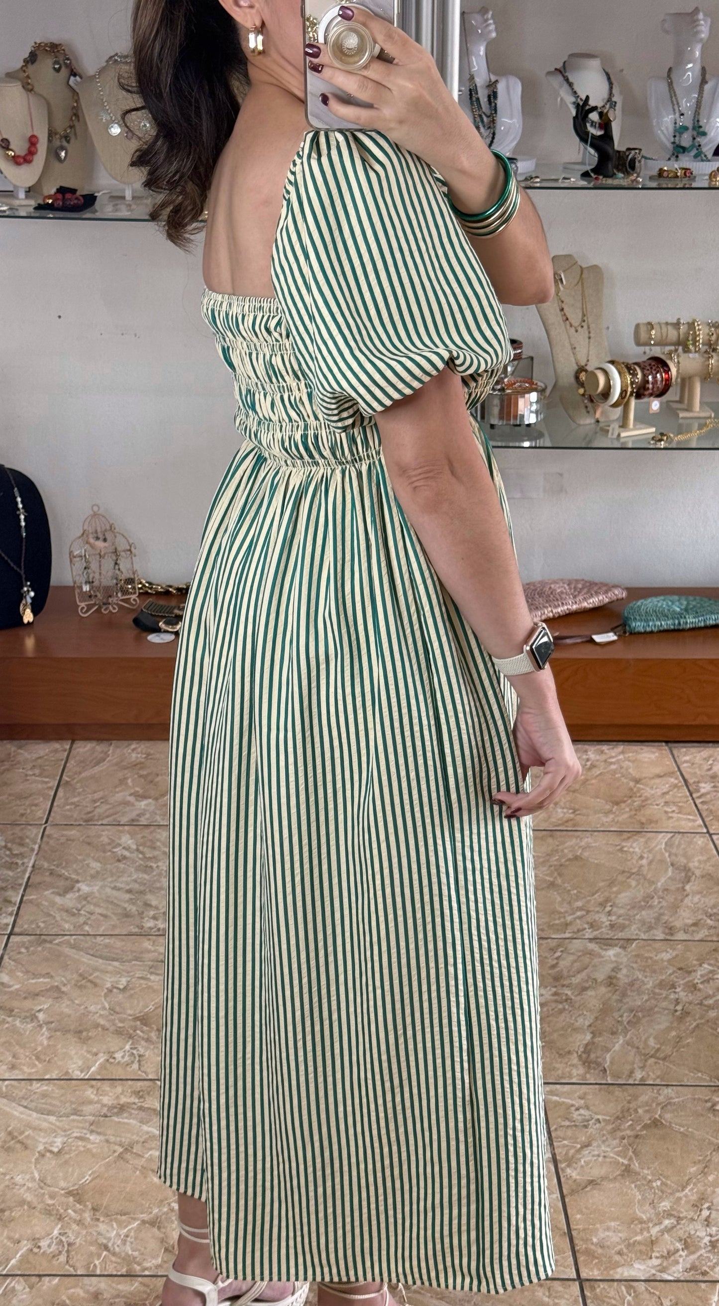 Green Stripes Square Neck Midi Dress