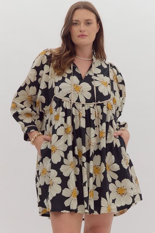 Black Floral V-Neck Mini Dress (PLUS)