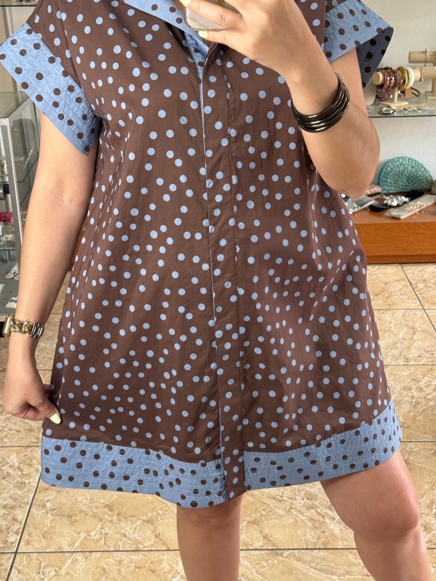 Brown/Blue Polkadots Mini Dress