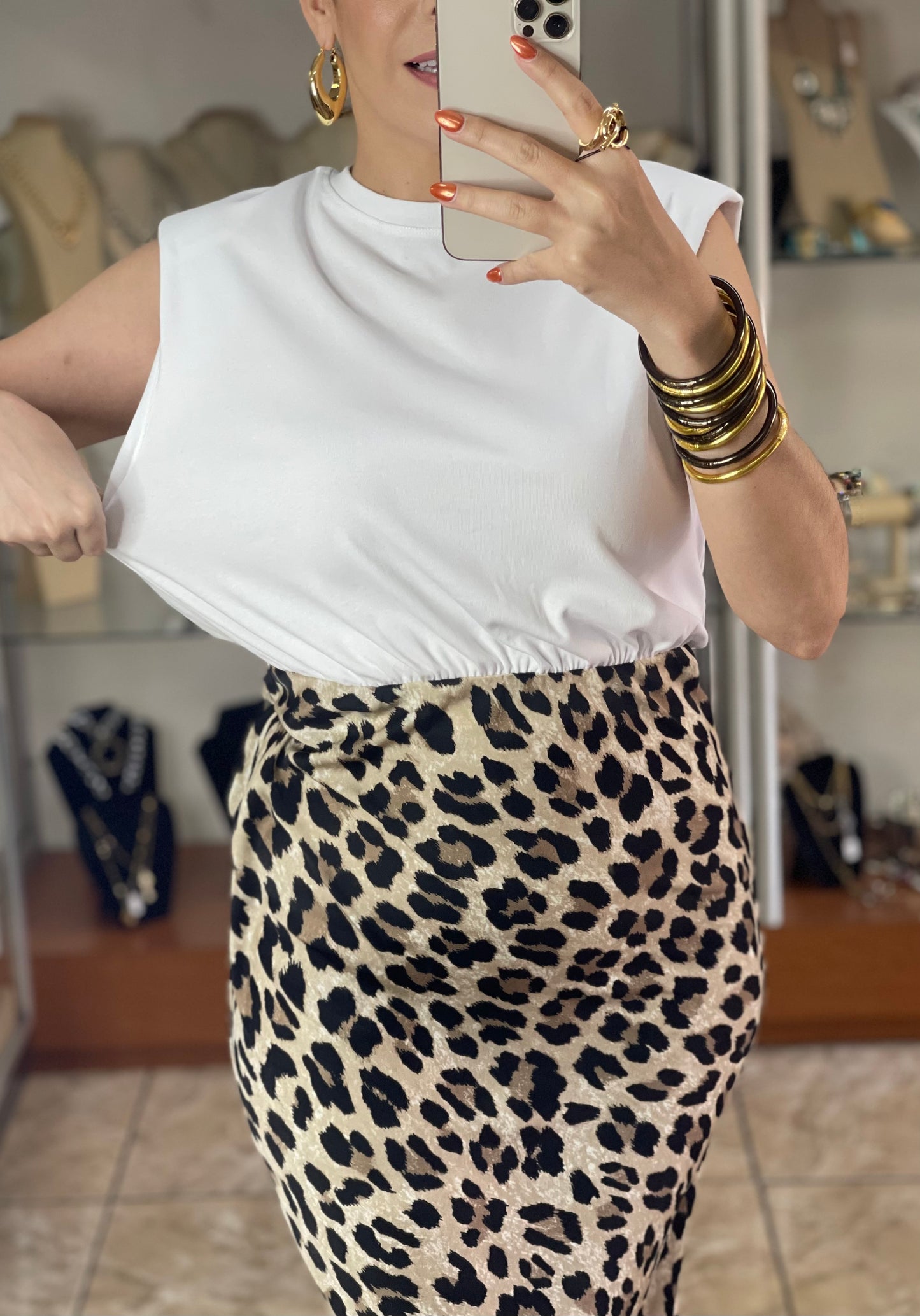 Shoulder Pads Leopard Midi Dress