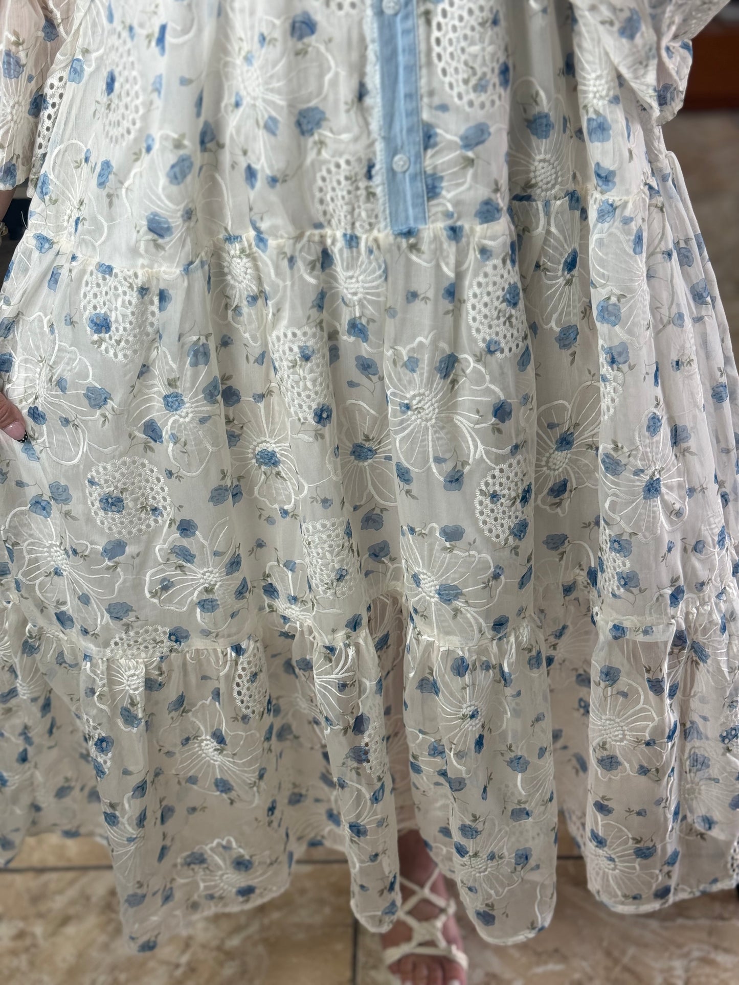 Blue Flowers OS Embroidered Maxi Dress (NO RETURNS OR EXCHANGE)