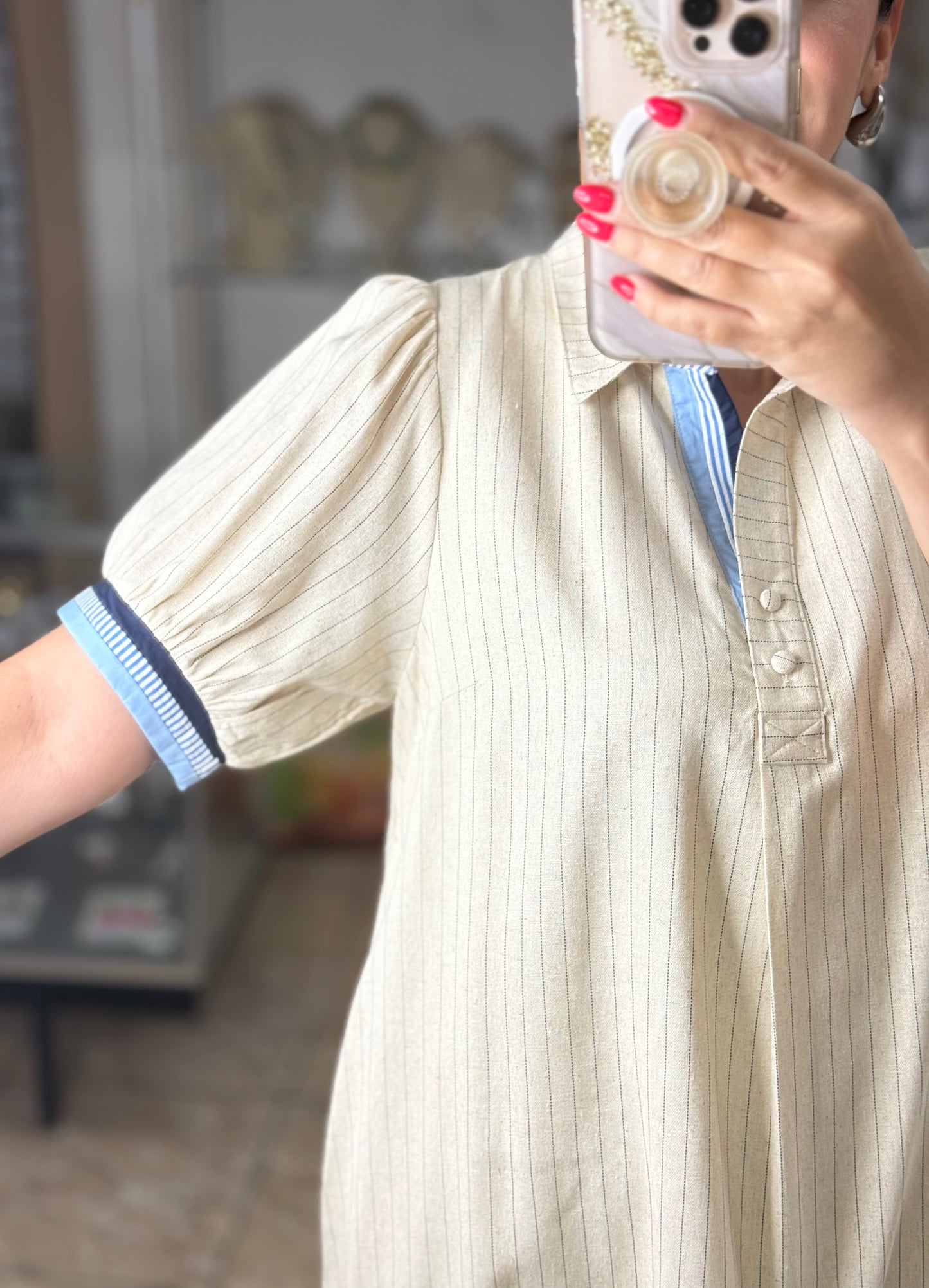 Oatmeal Linen Stripes Polo Dress