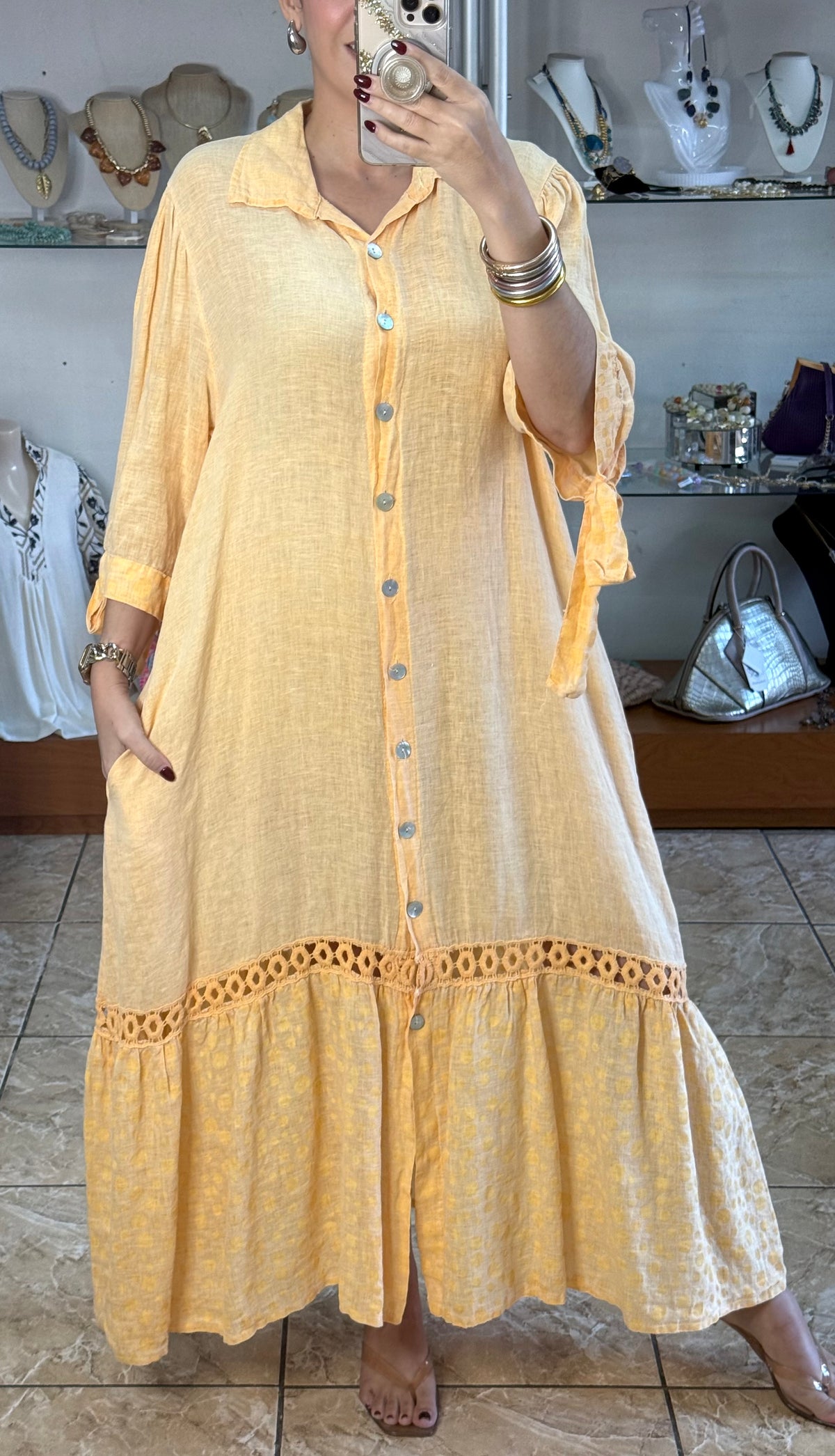 OS Linen/Polka Button Down Maxi Dress (NO RETURNS OR EXCHANGE)
