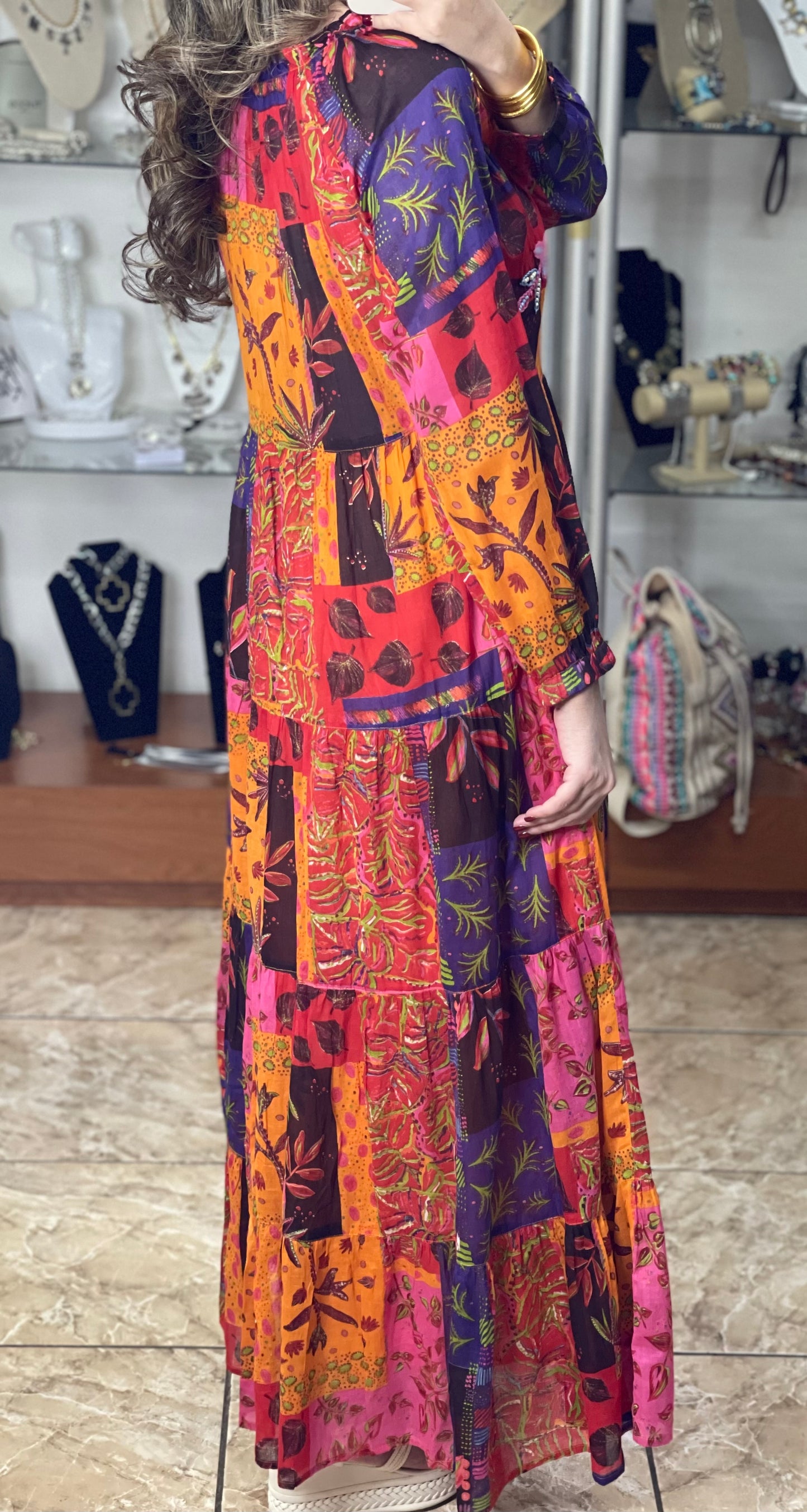 Red/Orange/Pink Patches Maxi Dress