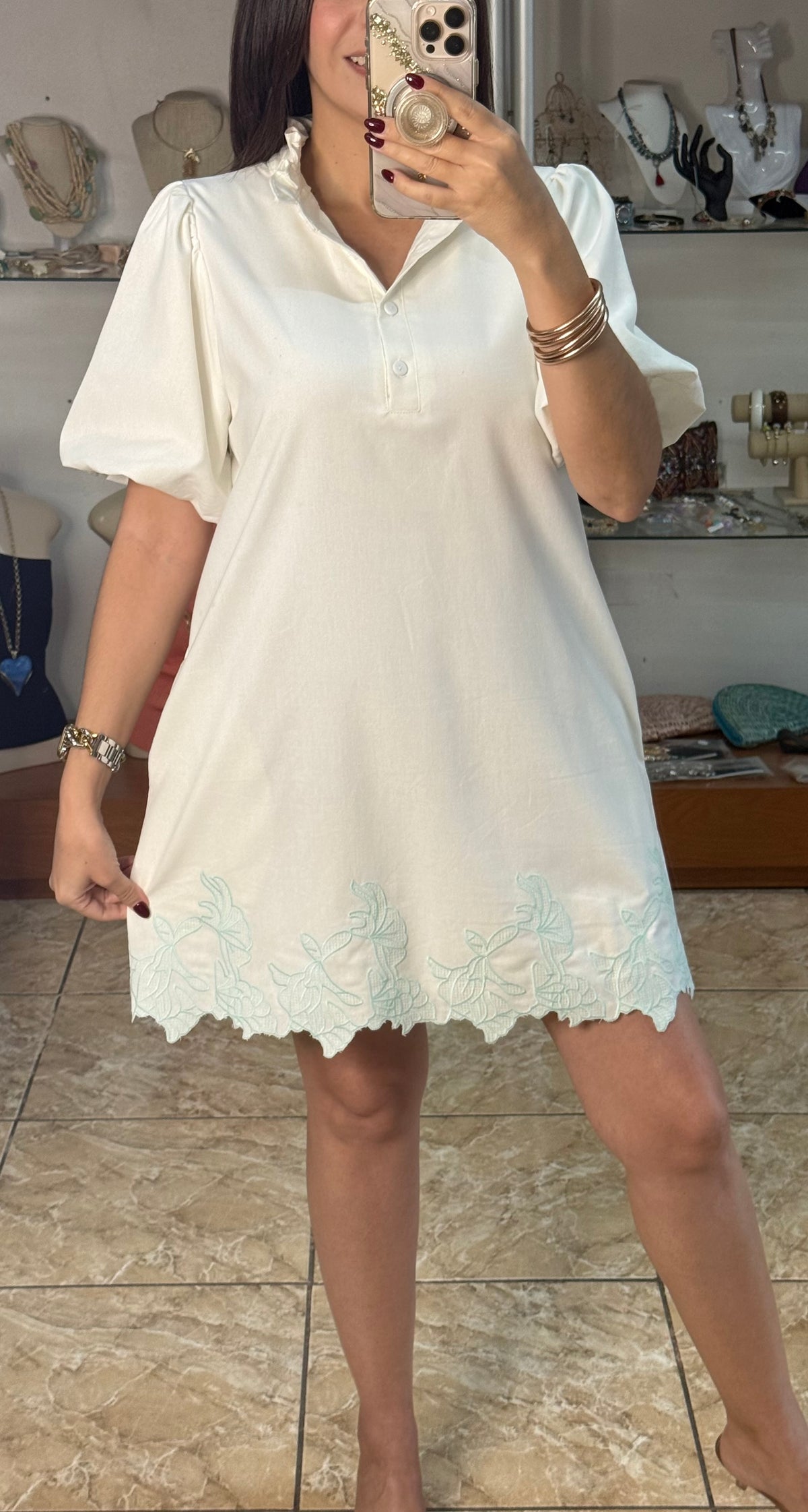 Bubble Sleeve Ruffled Neck Mini Dress