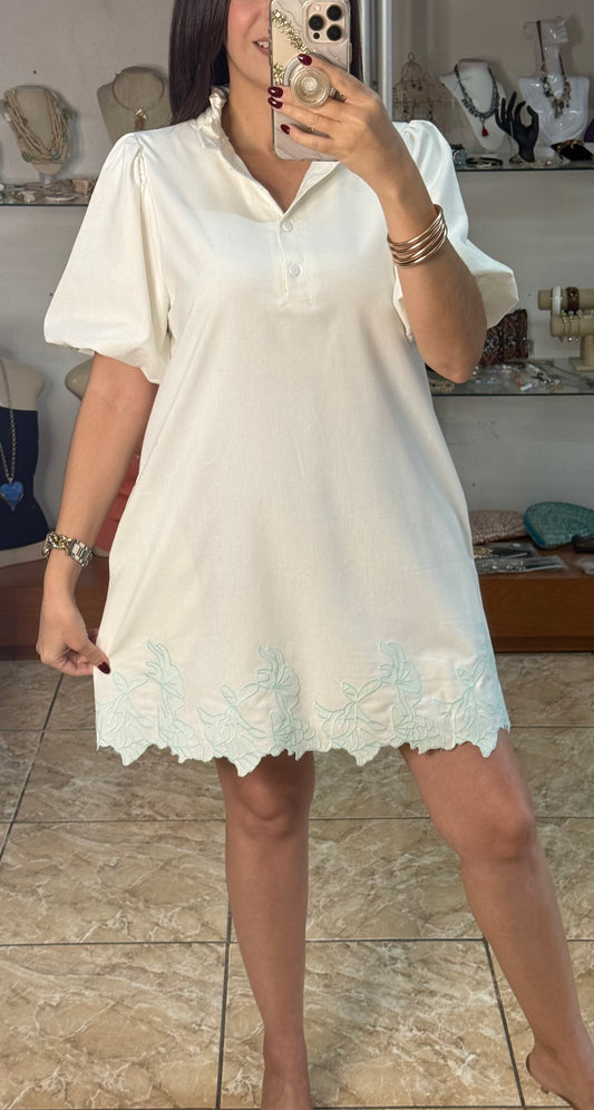Bubble Sleeve Ruffled Neck Mini Dress