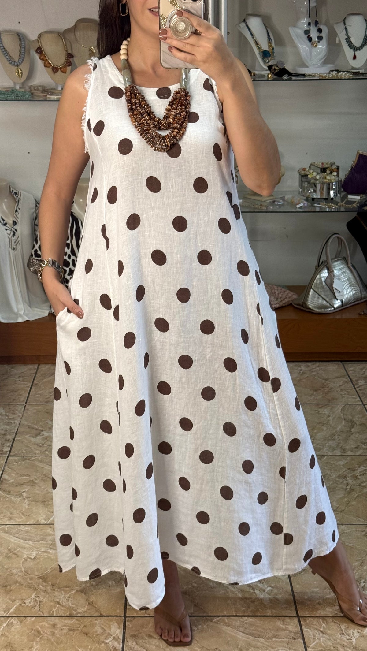 OS Linen Sleeveless Polka Dots Dress (NO RETURNS OR EXCHANGE)