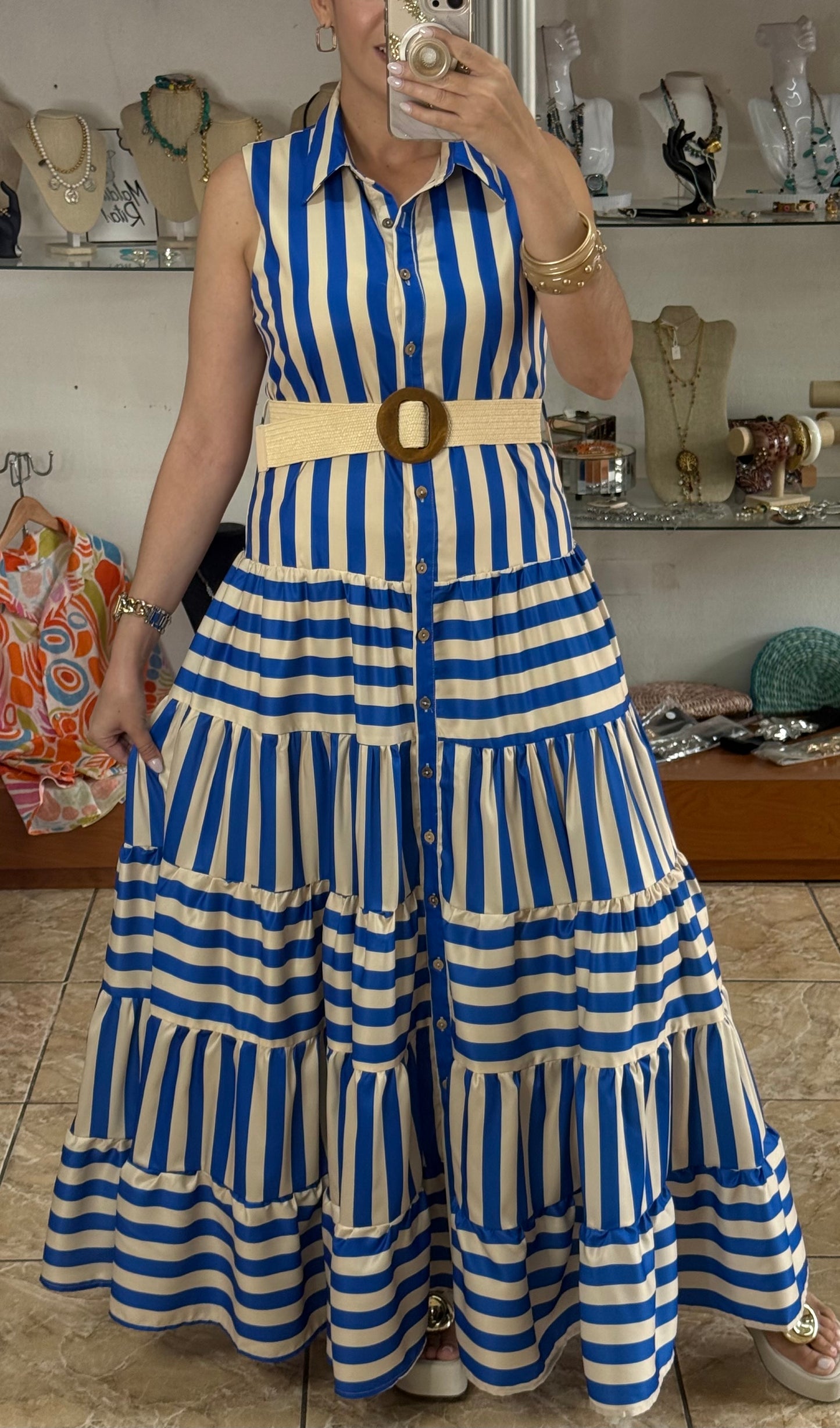 Blue Stripes Belted Maxi Dress