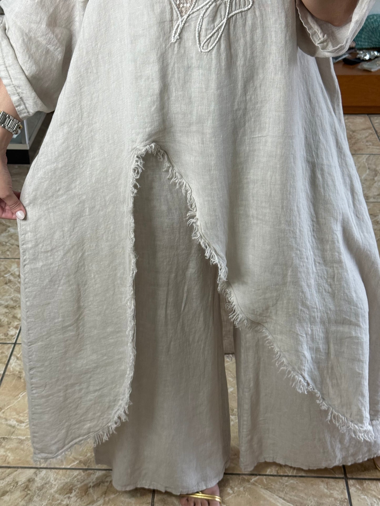 OS Asymmetrical Linen/Sequins Top (NO RETURNS OR EXCHANGE) (PANT SOLD SEPARATELY)