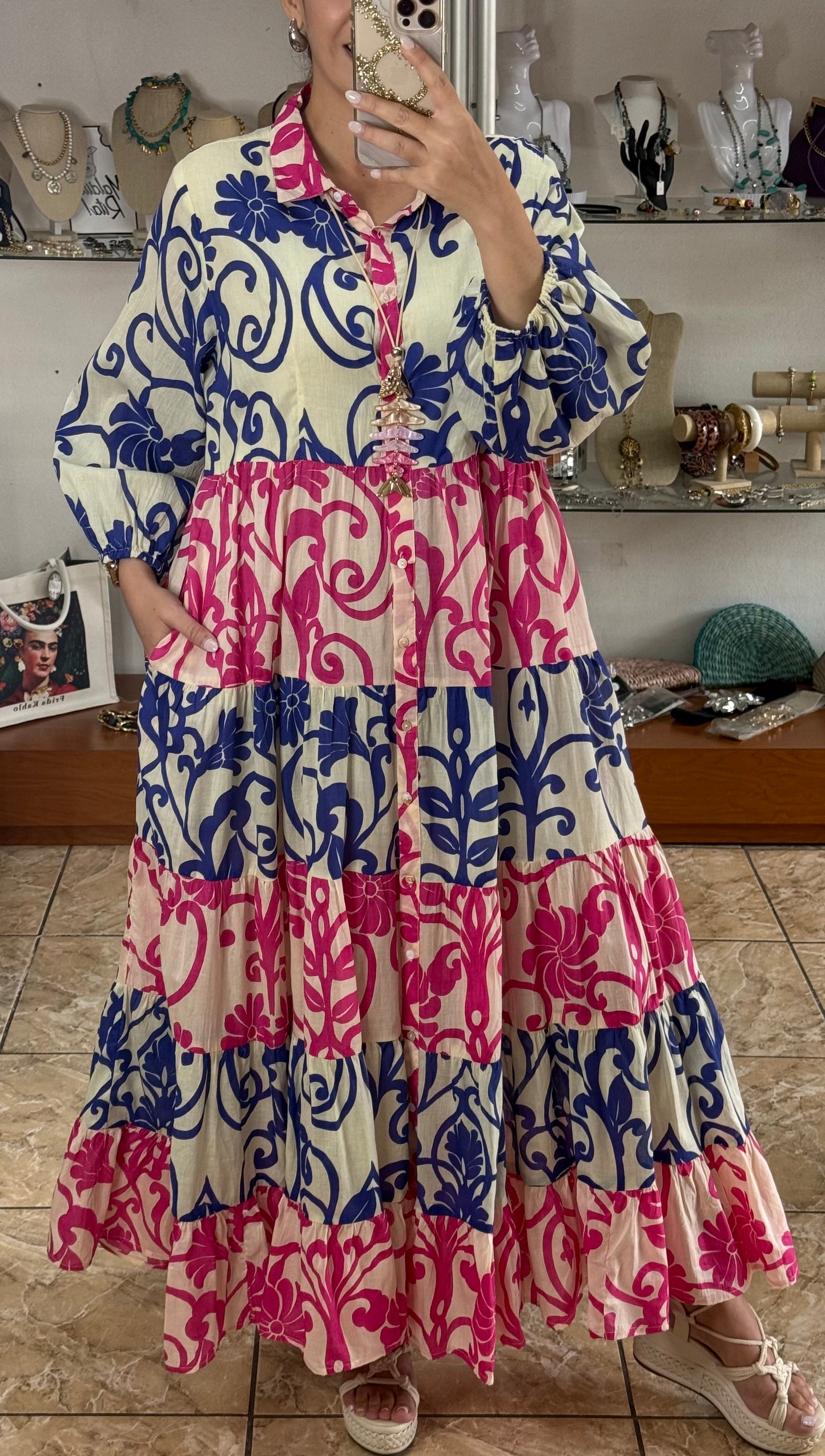 Blue/Pink Mix Button Down Maxi Dress