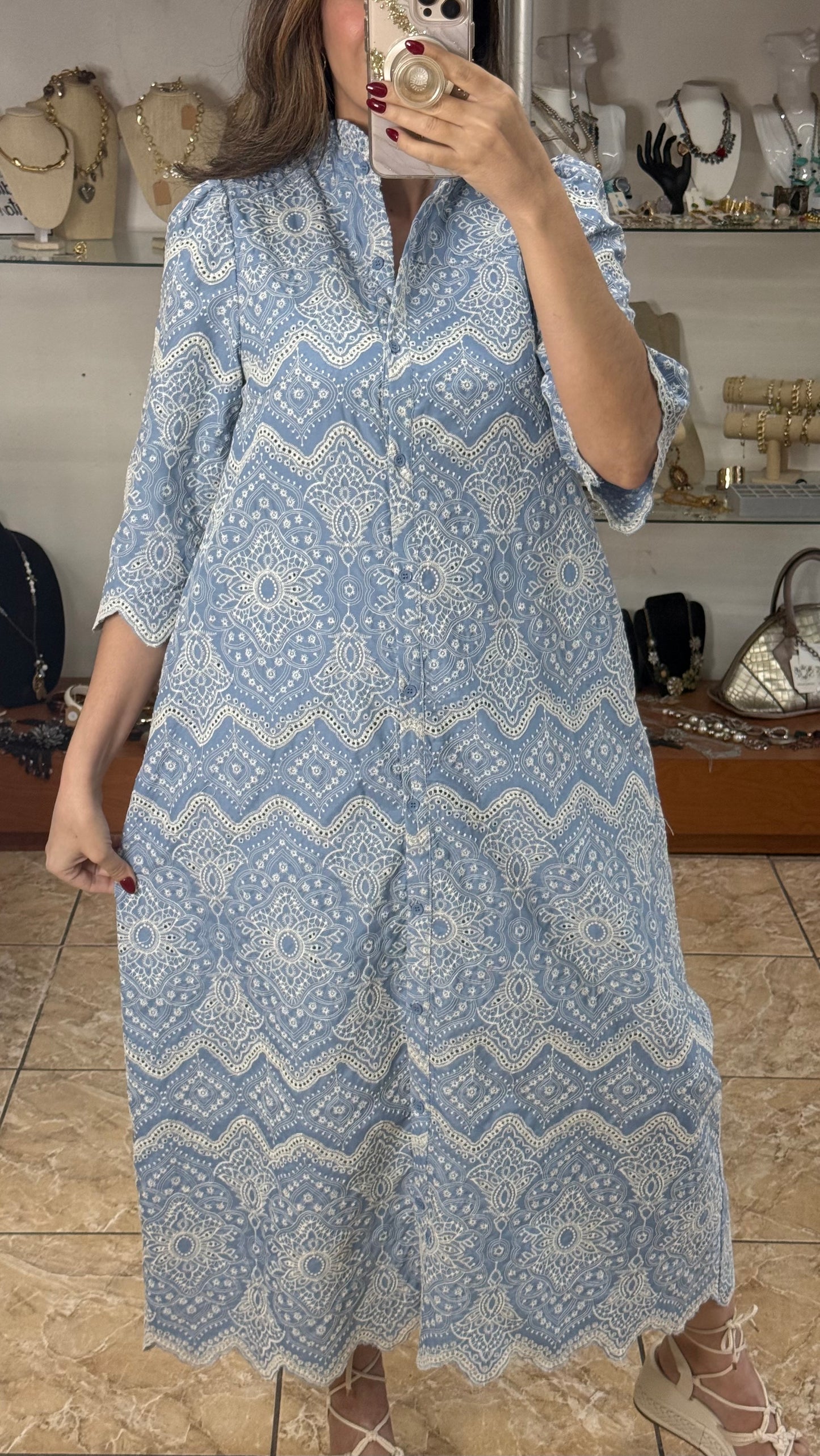 Blue Embroidered Eyelet Midi Dress