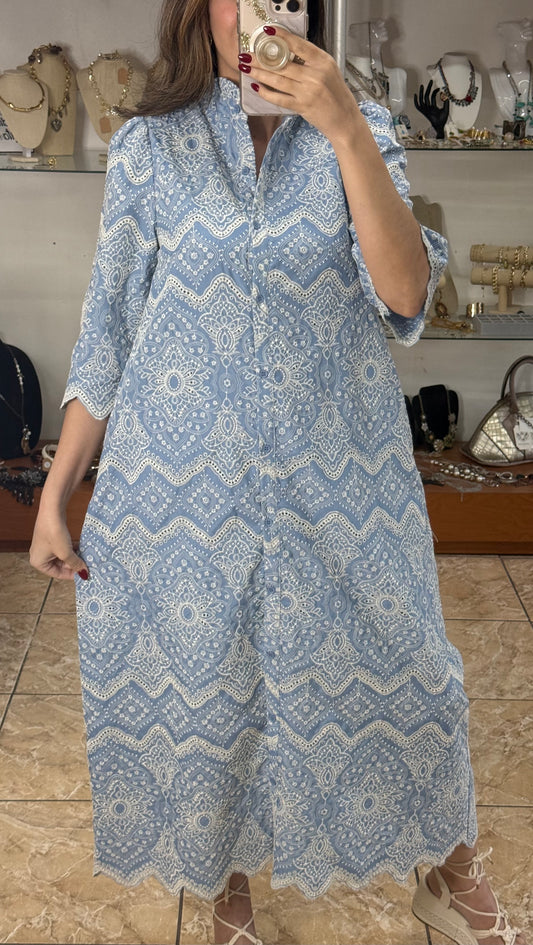 Blue Embroidered Eyelet Midi Dress