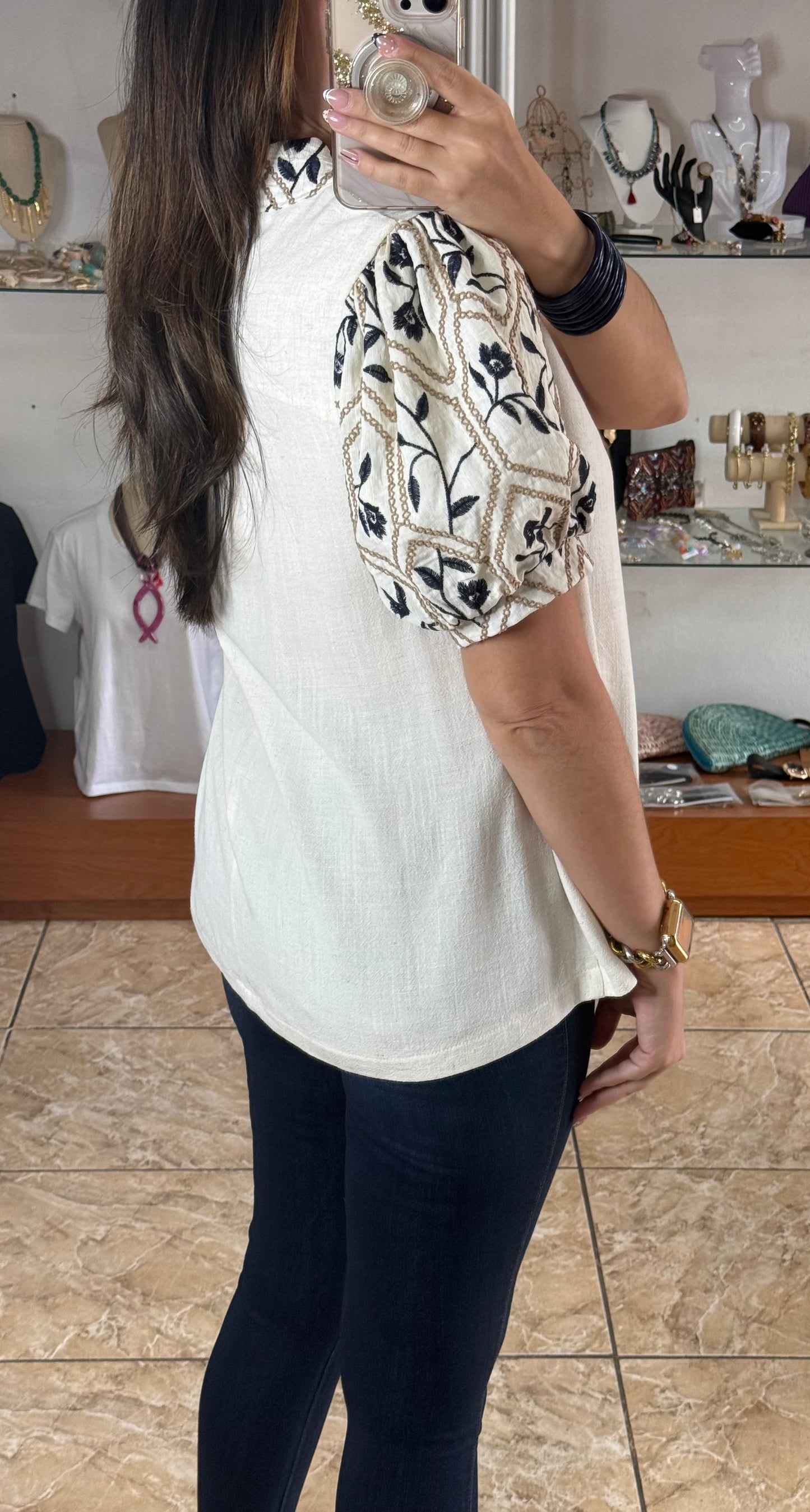 Embroidered Sleeves Cream Top