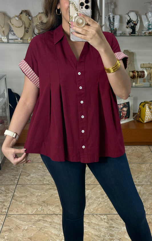 Burgundy Linen Blend Top