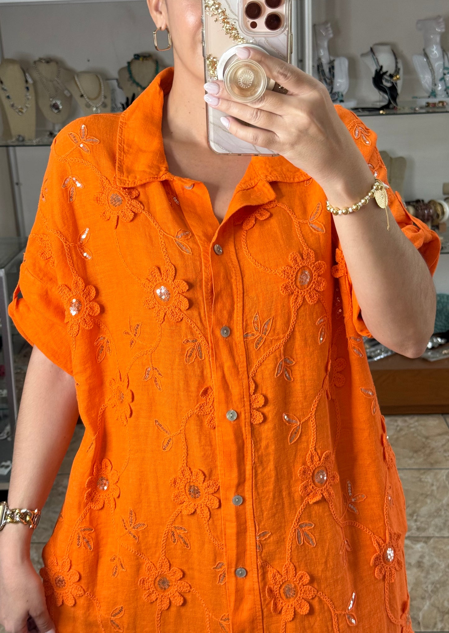 OS Embroidered/Sequins Linen Maxi Dress (NO RETURNS OR EXCHANGE)